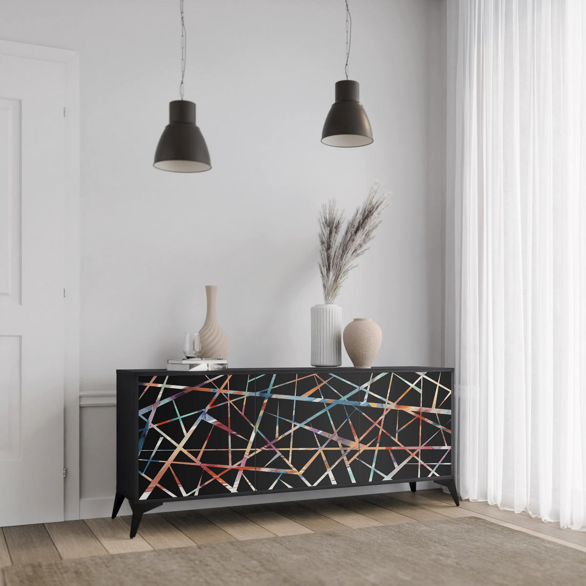 SIDEBOARD POLYGON VERVE, Eicheneffekt, 164,5x42x77,5 cm, 3 Türen - Eichefarben/Buchefarben, Holzwerkstoff/Buchenholz (164.5/77.5/42cm) - SpaceRebels