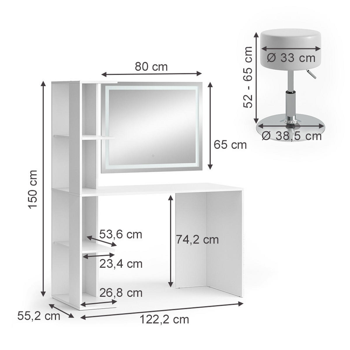 SCHMINKTISCH Tower Weiß 122.2 cm mit Beleuchtung und Hocker - Weiß, Holzwerkstoff (122.2/75.8/55.2cm) - Vicco