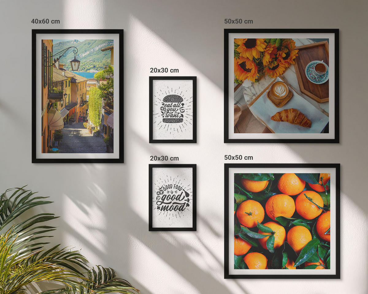 BILDER SET 5er Set - 50x50 cm & 20x30 cm & 40x60 cm Schwarzer Rahmen - Juicy Oranges Kitchen - Schwarz, Kunststoff (40/60cm) - TULUP