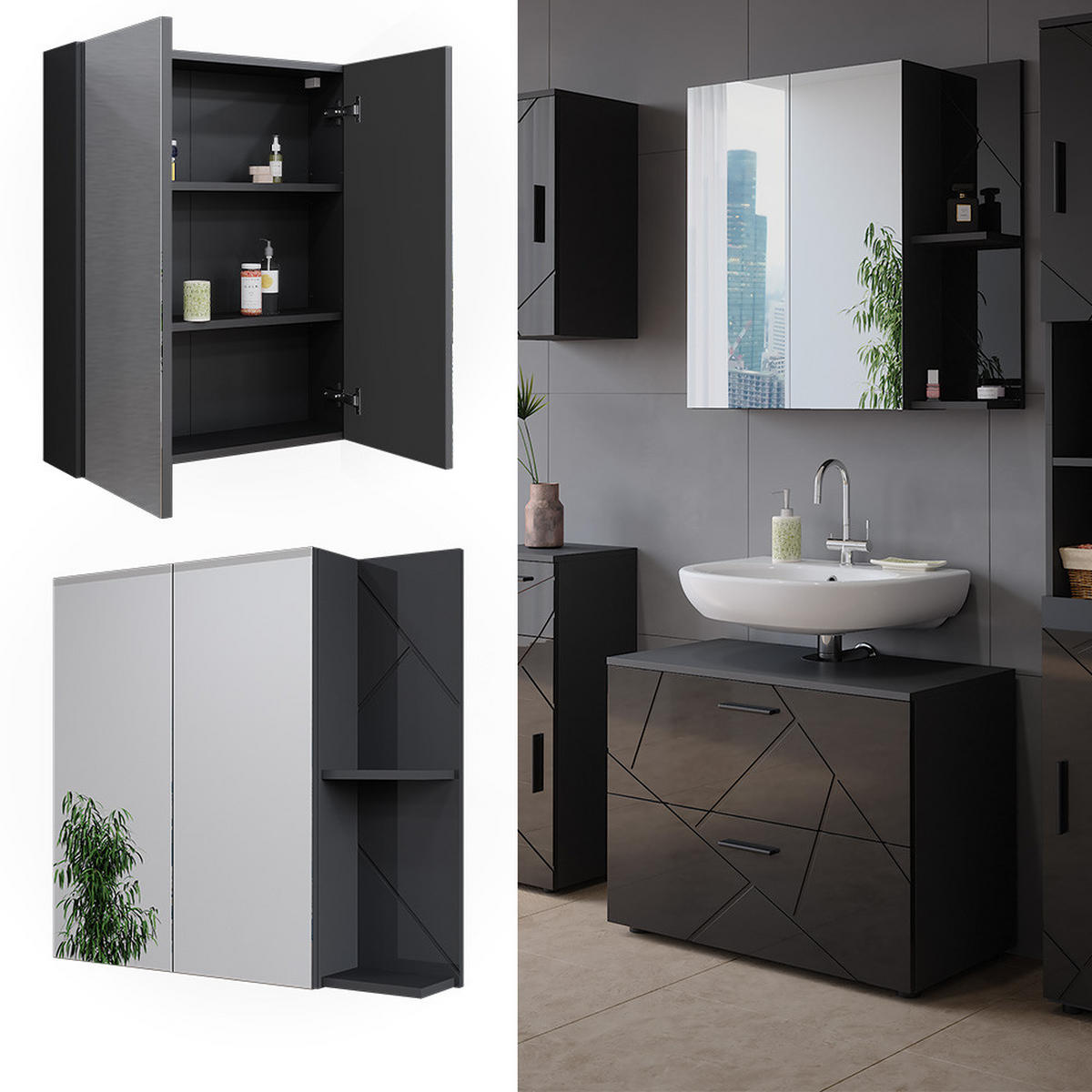 BADSPIEGELSCHRANK Irma Anthrazit Hochglanz 80 x 75 cm - Anthrazit, Holzwerkstoff (80/75/17.2cm) - Vicco