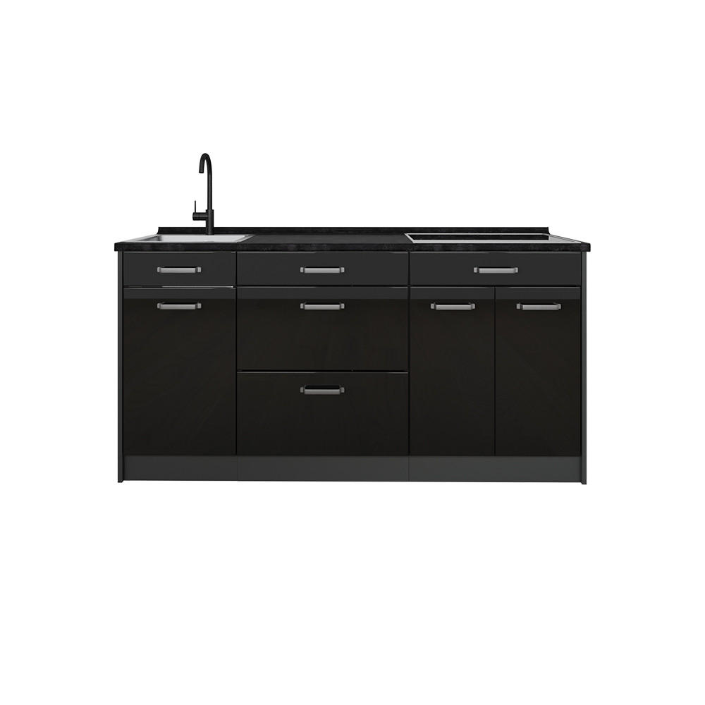 KÜCHENBLOCK R-Line, Schwarz Hochglanz/Anthrazit, 160 cm Arbeitsplatte Anthrazit - Schwarz Hochglanz/Anthrazit, Holzwerkstoff (160/81.6/60cm) - Vicco