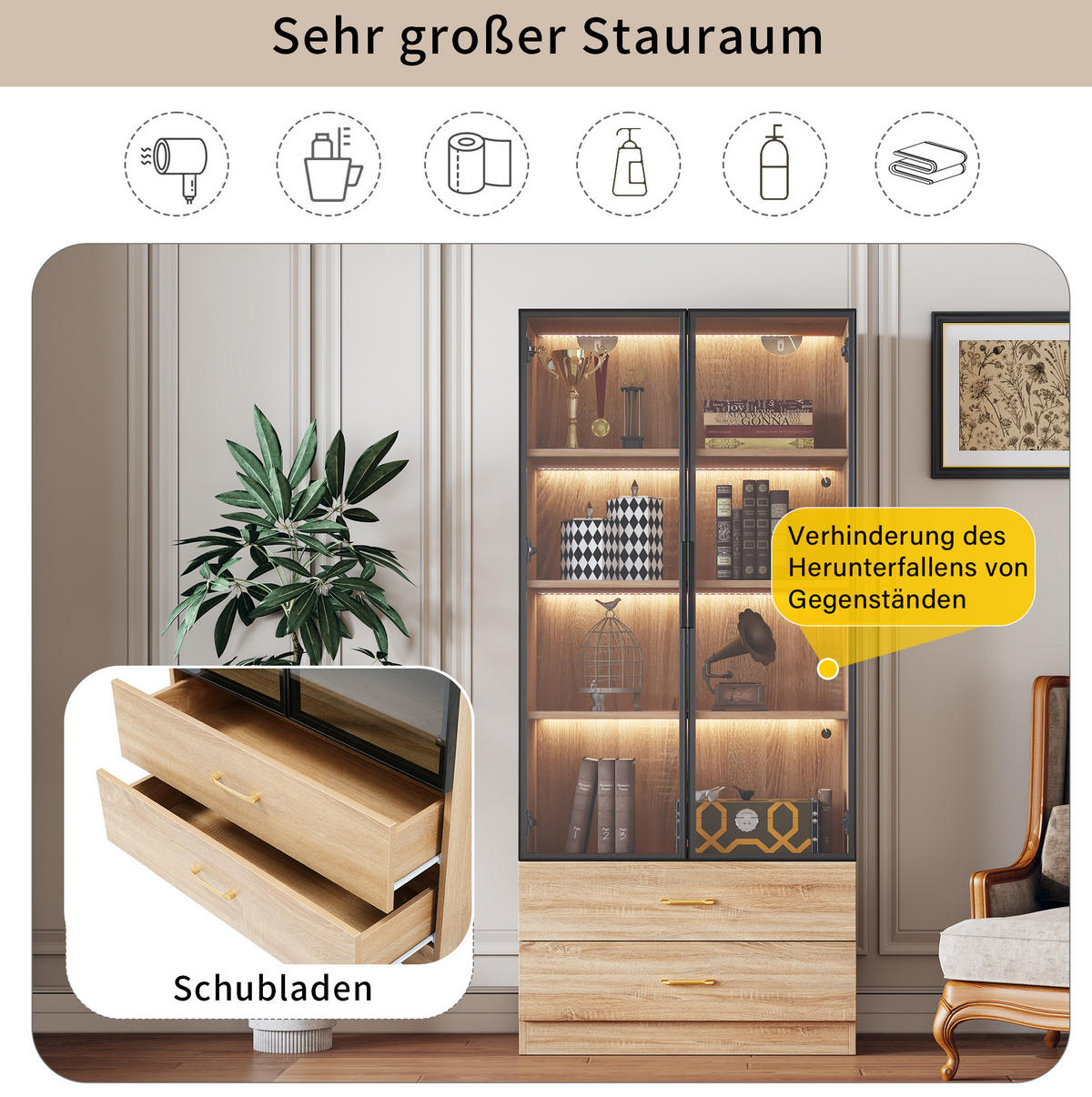 VITRINE 75 cm Braun mit Lichtleiste und Glastür - Braun, Holzwerkstoff (75/170/34.5cm) - Flora Grace