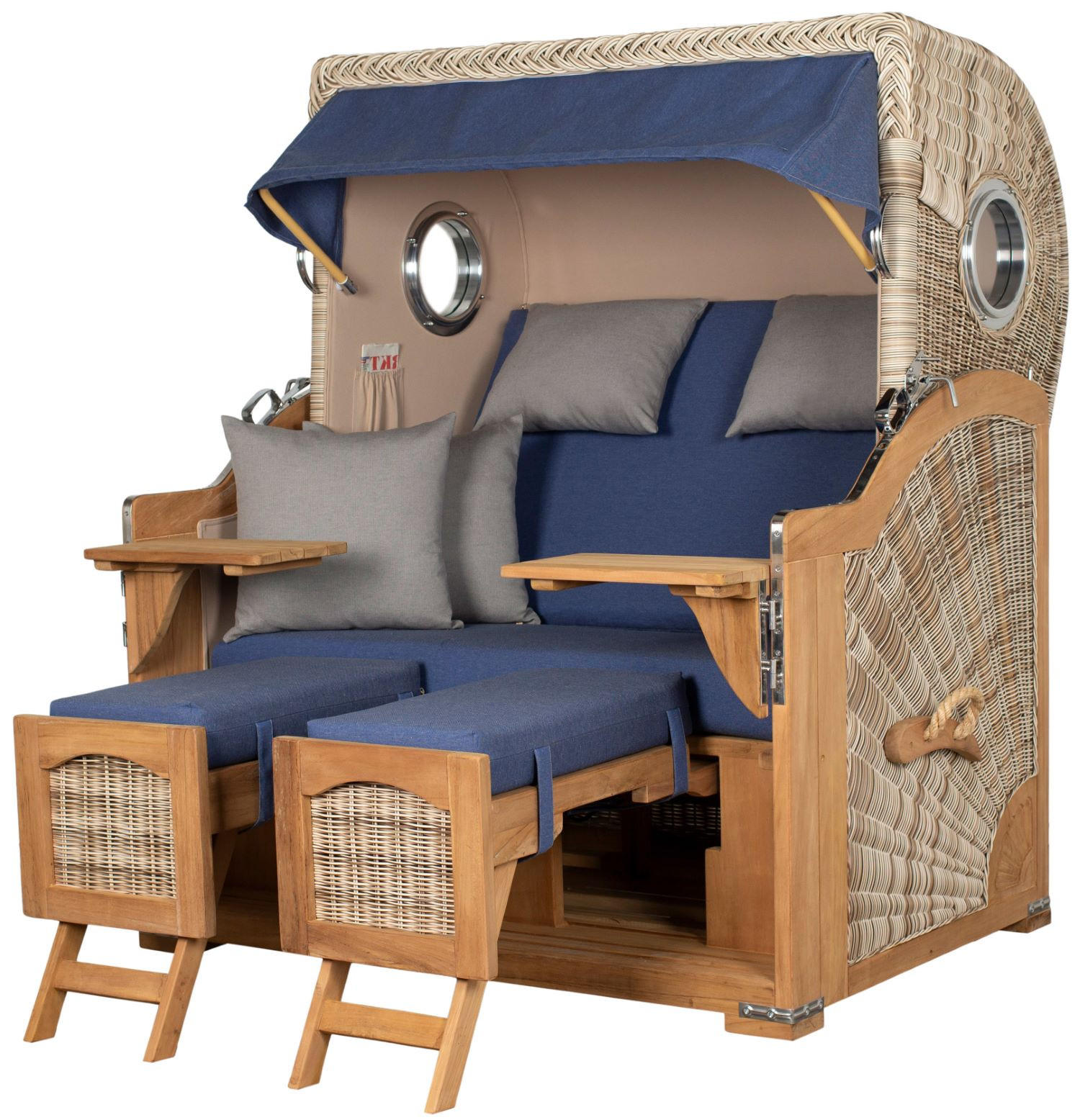 STRANDKORB Komplettset: Ammersee Grande XL Teak Bullauge - PE shell - Modell 595 - Blau/Grau, Holz/Kunststoff (142/165/95cm) - bene living