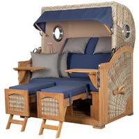 STRANDKORB Komplettset: Ammersee Grande XL Teak Bullauge - PE shell - Modell 595 - Blau/Grau, Holz/Kunststoff (142/165/95cm) - bene living
