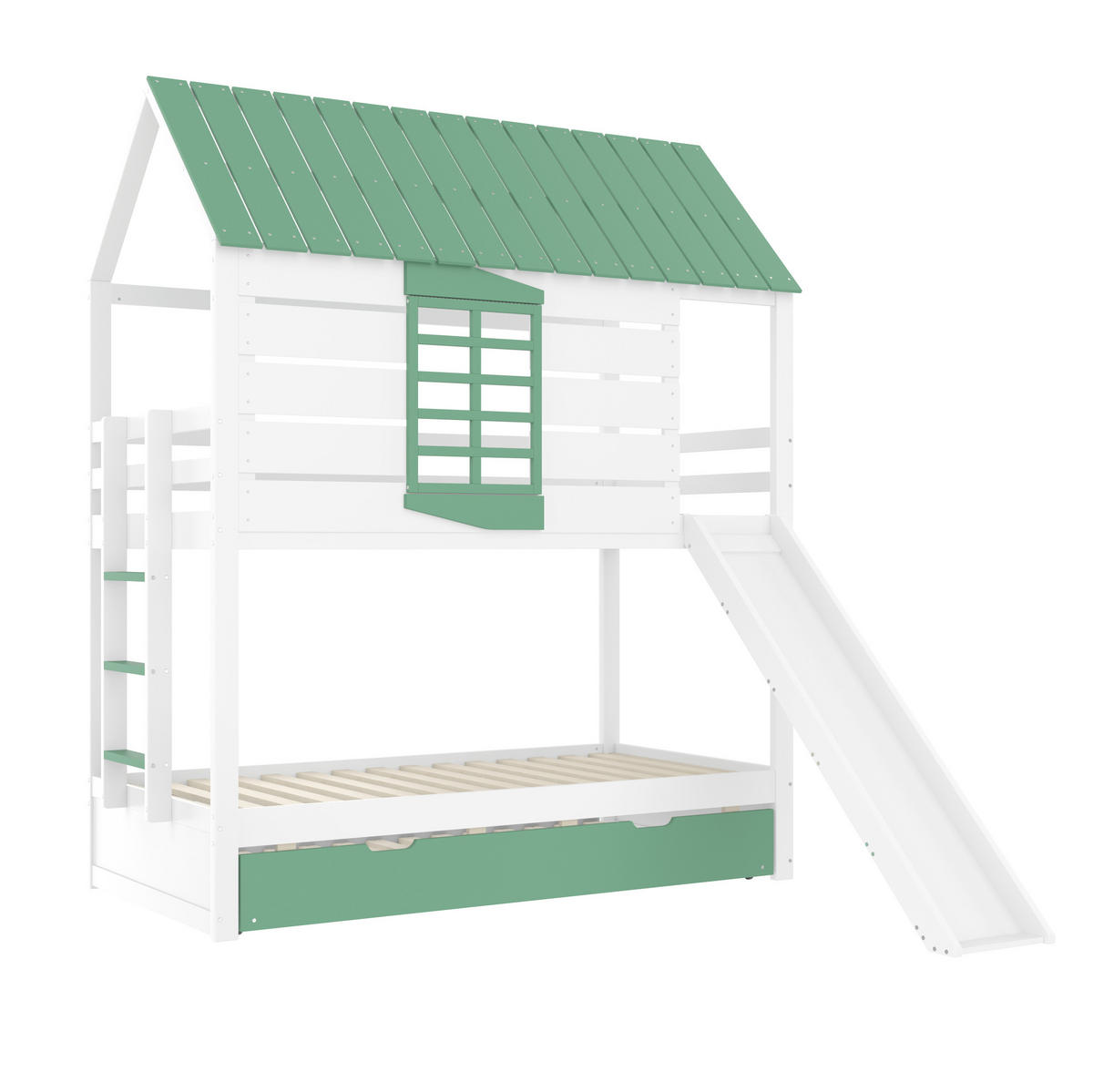 POSCHODOVÁ posteľ 90/200 cm biela/zelená s prístelkou a šmykľavkou z MDF a borovice - biela/zelená, kompozitné drevo (90/200cm) - OKWISH