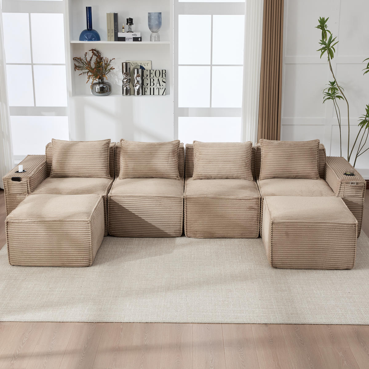 WOHNLANDSCHAFT 330/162/75 cm Khaki mit 2 Fußhocker, Getränkehalter und Seitentaschen - Sandfarben, Textil (330/75/162cm) - Oxeza