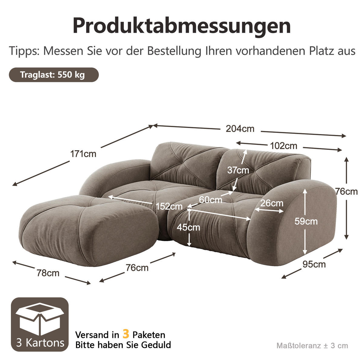 2-SITZER-SOFA DE-34276 mit Hocker Taupe - Taupe, Textil (171/76/204cm) - ComfortXL