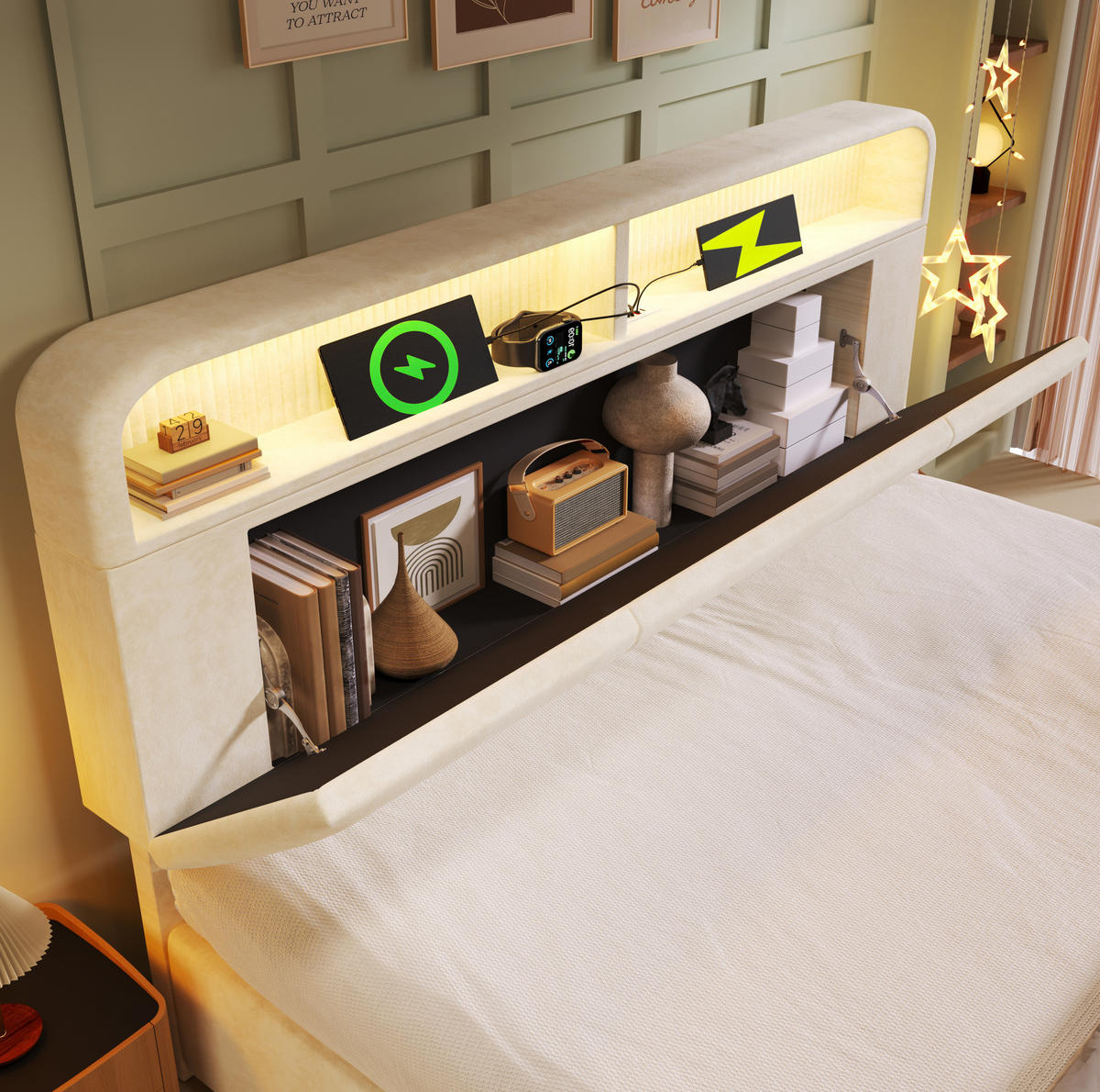 POLSTERBETT 140/190 cm Beige aus Samt mit LED und Stauraum - Beige, Textil (140/190cm) - OKMYHOME