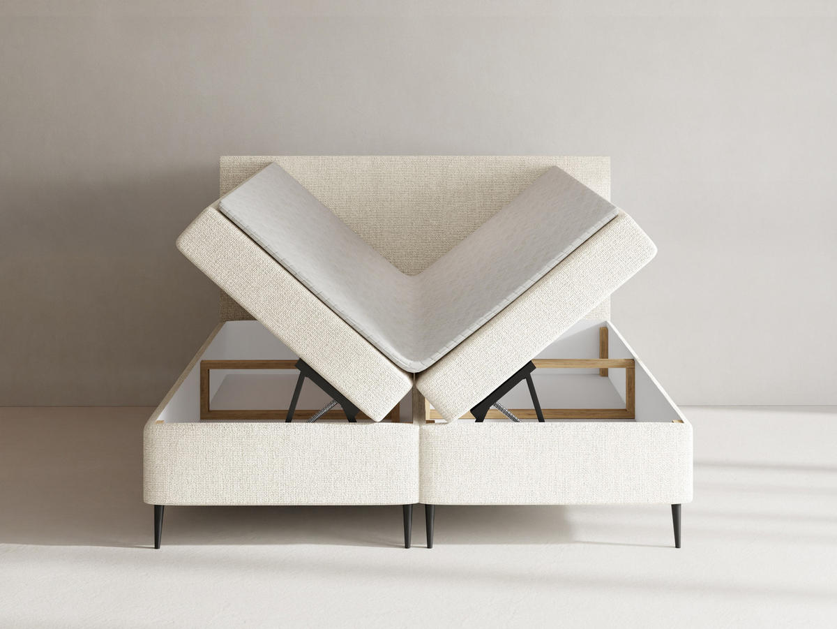 BOXBETT Alba Rise mit Bettkasten, Creme Chenille 160x200 cm – inkl. H4 Taschenfederkern Matratze & Foam Topper - Creme/Schwarz, Holz/Textil (160/200cm) - WFL GROUP