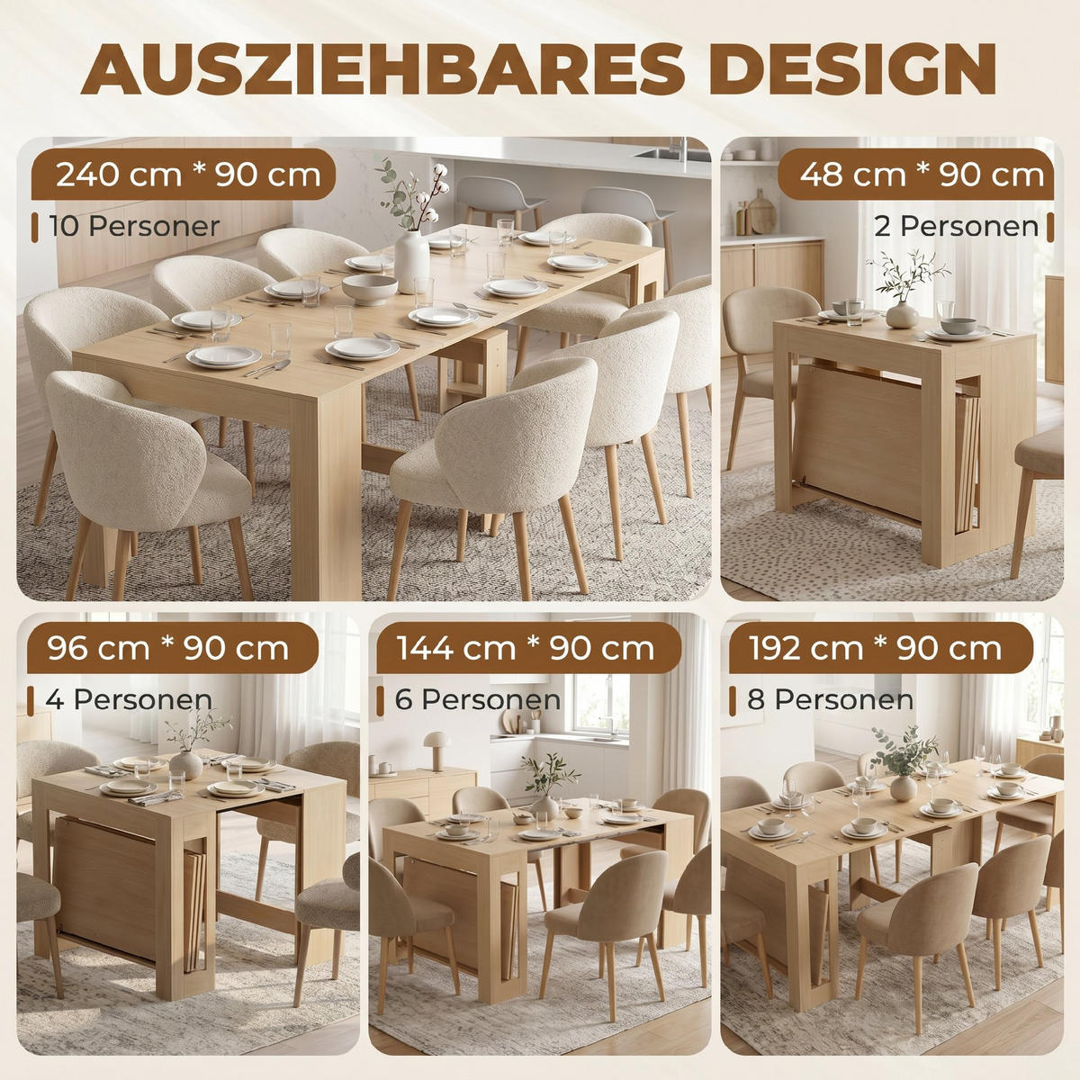 AUSZIEHBARER-ESSTISCH Spanplatte Stahl Braun - Hellbraun, Holzwerkstoff (240/90/78cm) - HOMCOM