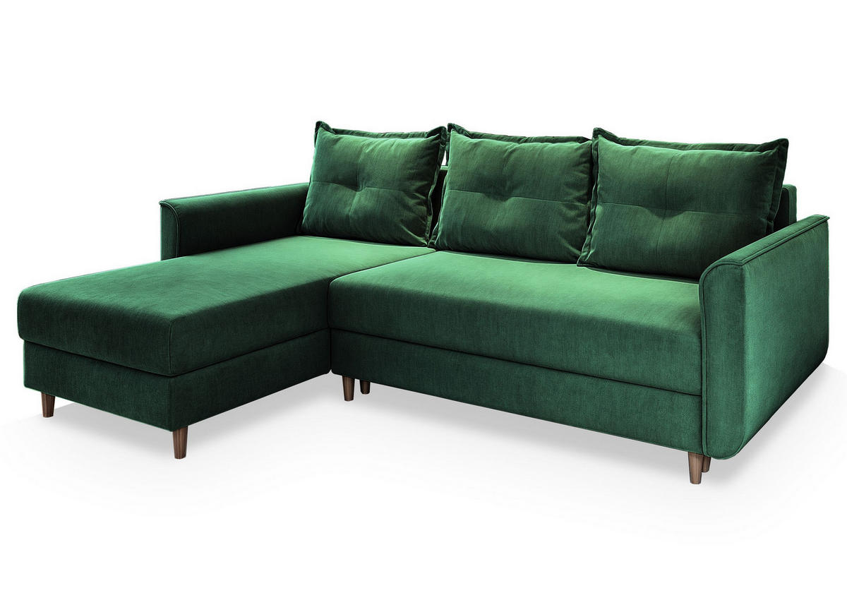 ECKSOFA PISAN R-S Grün Plüsch-Stoff mit Schlaffunktion - Grün, Holz (220/140cm) - MASSENO