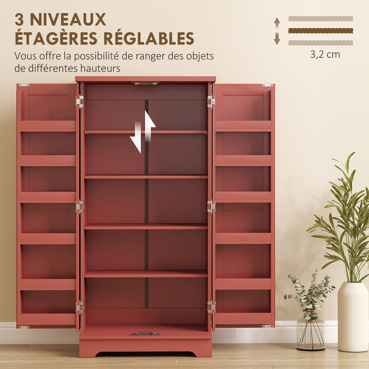 SIDEBOARD DE-11317 5 Ebenen, verstellbare Böden & Türregale Rot - Rot, Holzwerkstoff (60/120/40cm) - ComfortXL