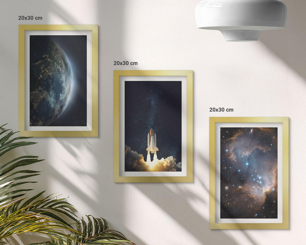 WANDBILDER 3er Set - 20x30 cm Goldrahmen - Weltraum Erde Rakete Galaxie - Goldfarben, Kunststoff (20/30cm) - ArtPrintCave
