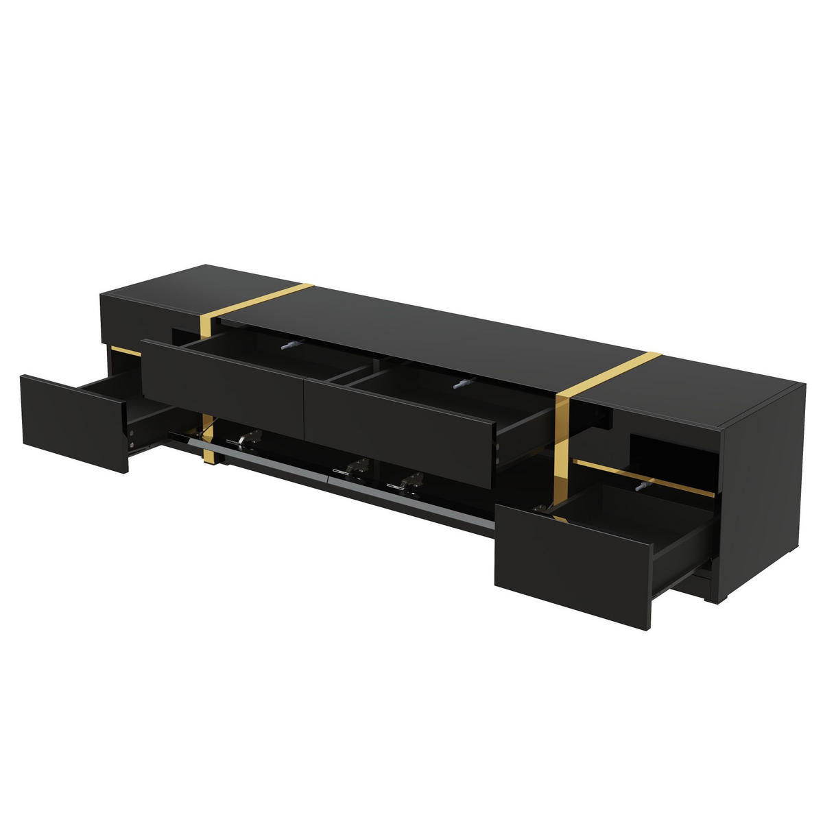 TV stolek z MDF a dřevotřísky 180x40x38 cm černý se 4 zásuvkami a 2 dvířky, vysoký lesk a zlaté detaily - černá, kompozitní dřevo (180/38/40cm) - Modfu