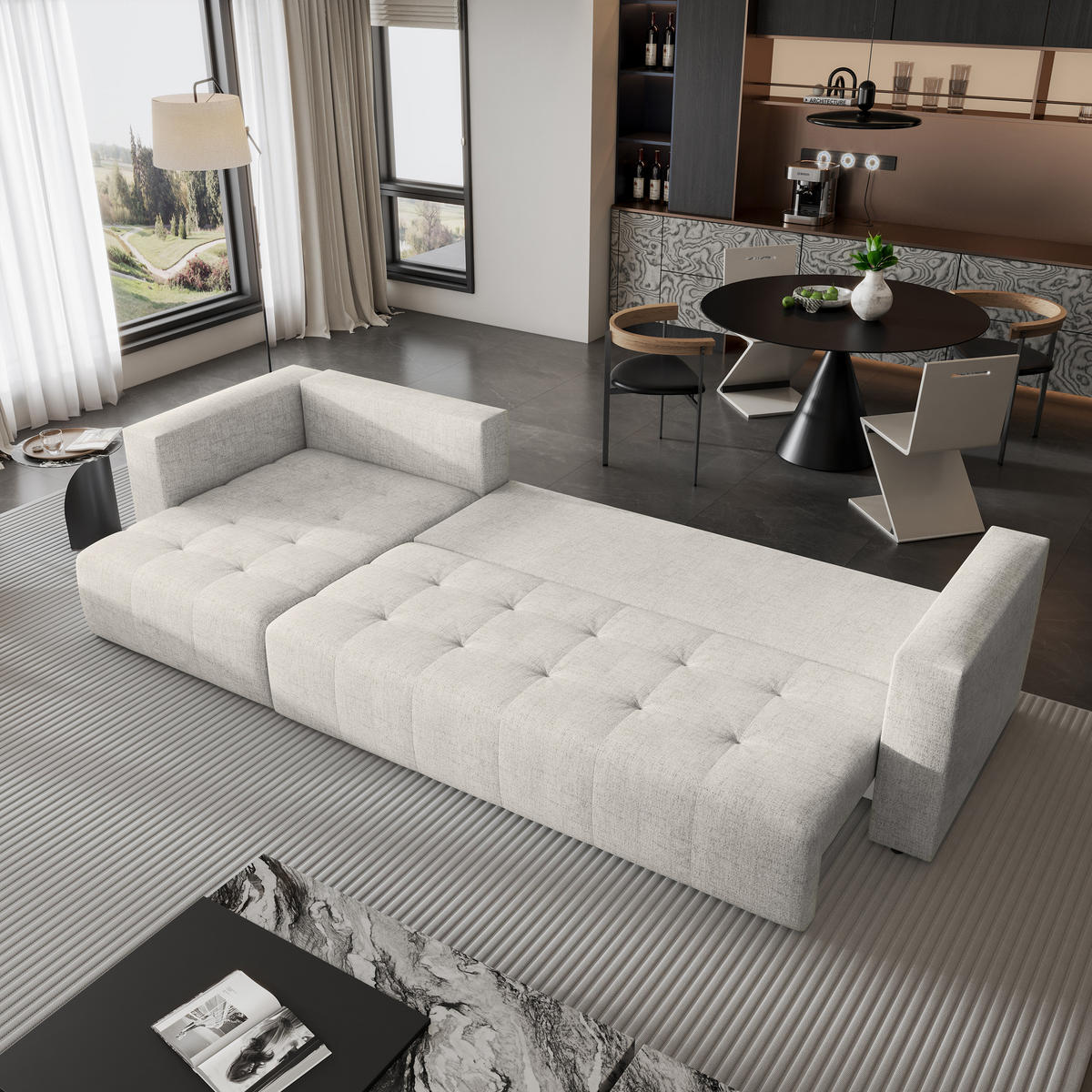 ECKSOFA OLVERA Creme Geflochtener Stoff mit Schlaffunktion - Creme, Holz (347/148cm) - MASSENO