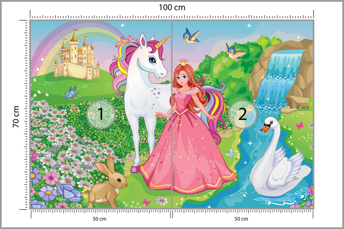 FOTOTAPETE für Kinderzimmer Prinzessin Einhorn Schloss Wasserfall Blumen 100x70 - Blau/Gelb, Papier (100/70cm) - Muralo