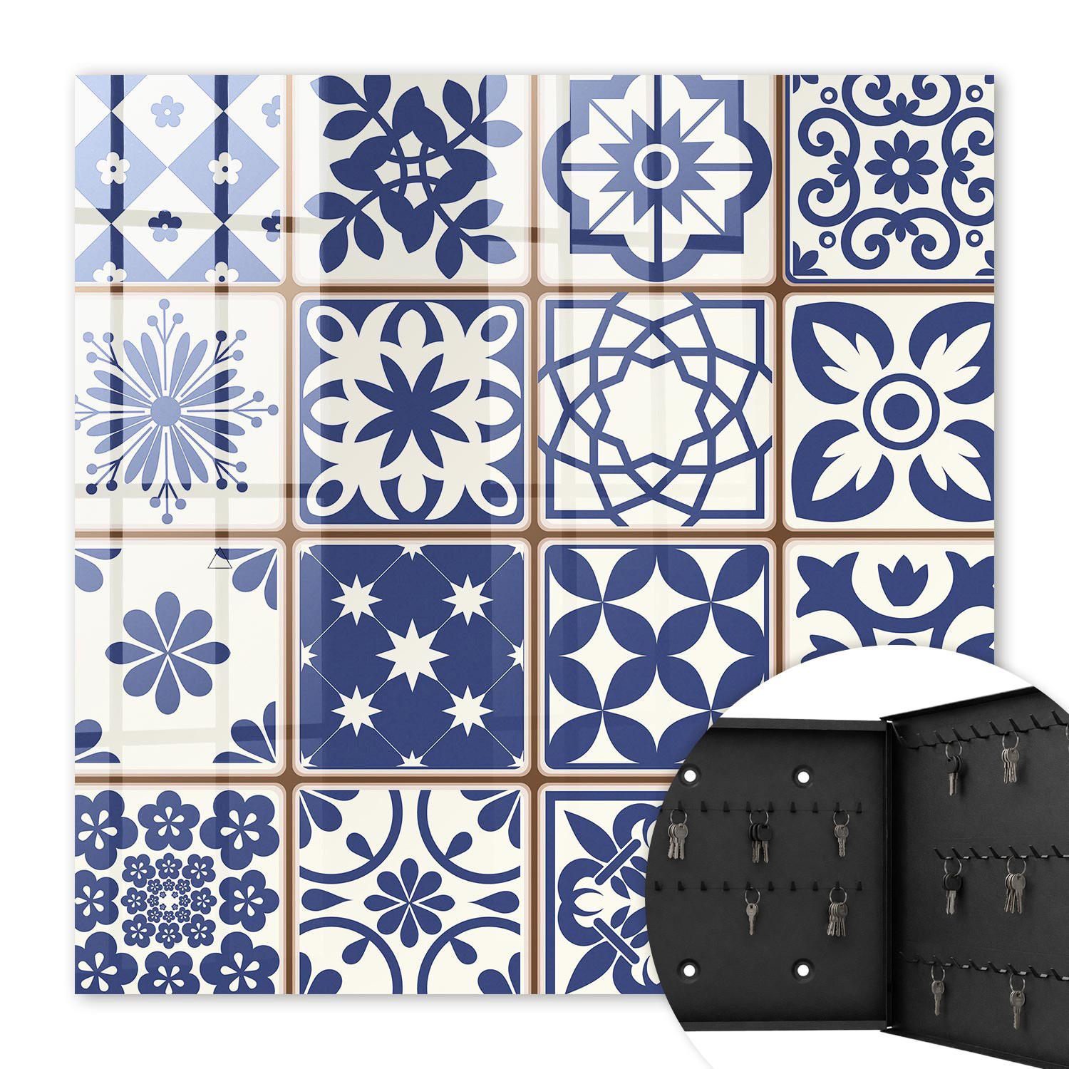 SCHLÜSSELBOX Schwarz 30x30 cm- Türöffnung nach rechts - Retro-Mosaik - Blau, Metall (30/30/5cm) - TULUP