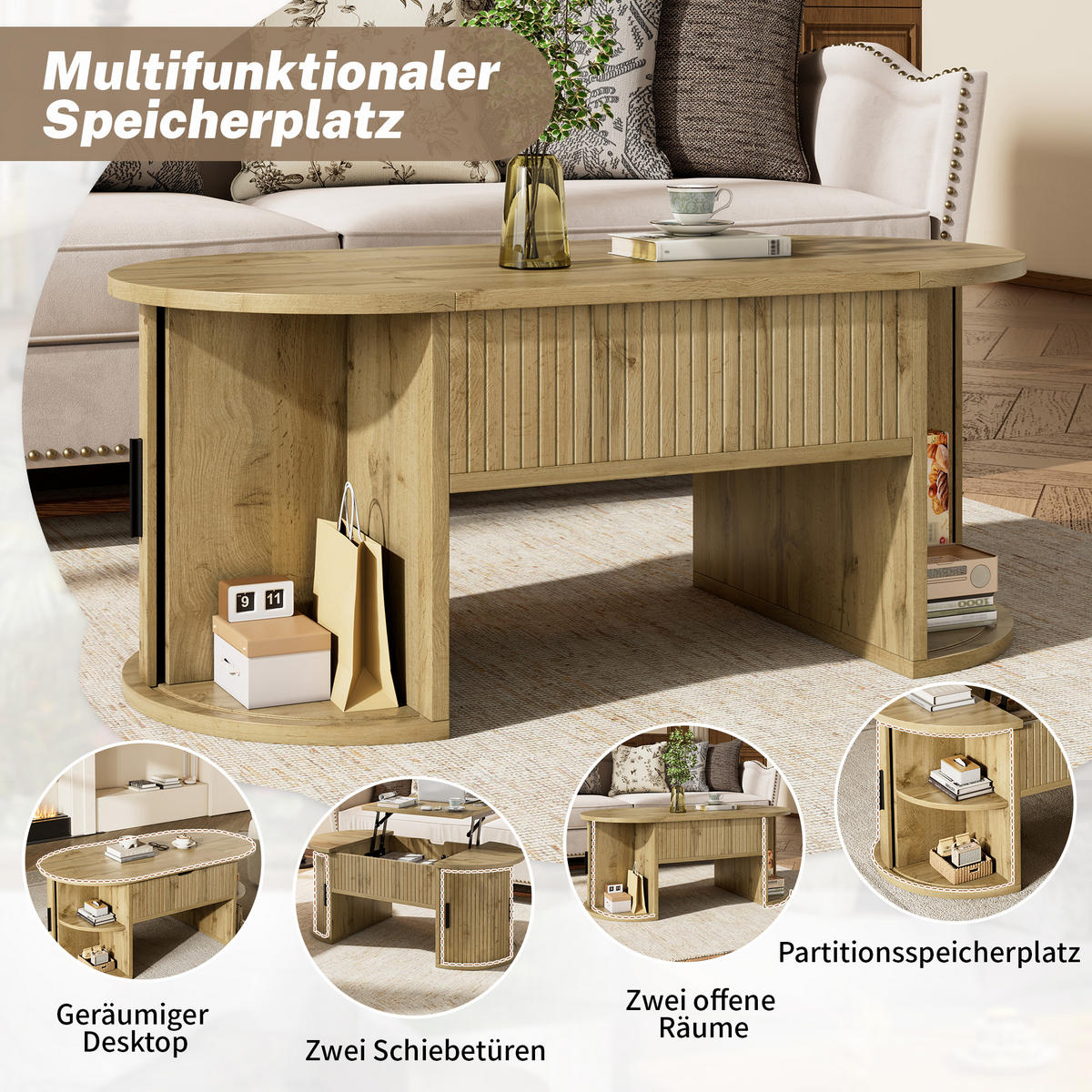 COUCHTISCH in Eichefarben höhenverstellbarer Wohnzimmertisch mit offenen Regalen und Stauraum , B100/T50/H40.5cm - Eichefarben, Holzwerkstoff/Metall (50/100/40.5cm) - STILVORA