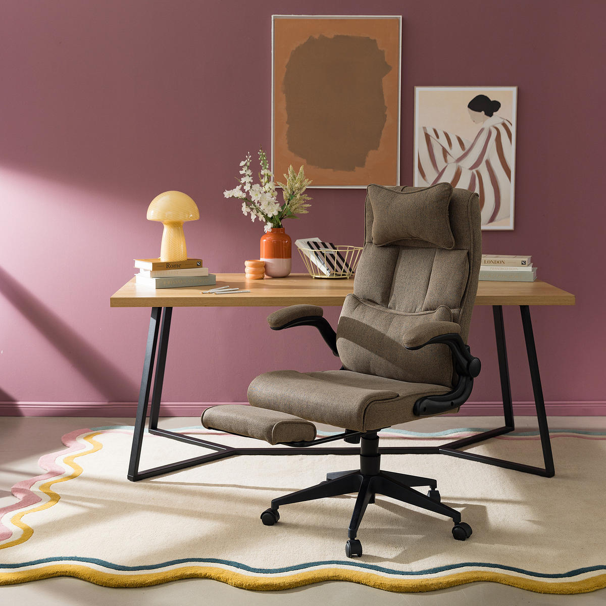 BÜRODREHSTUHL mit Fußablage - Webstoff / Eisen - Schwarz/Braun, Textil/Metall (68/100/71cm) - home24