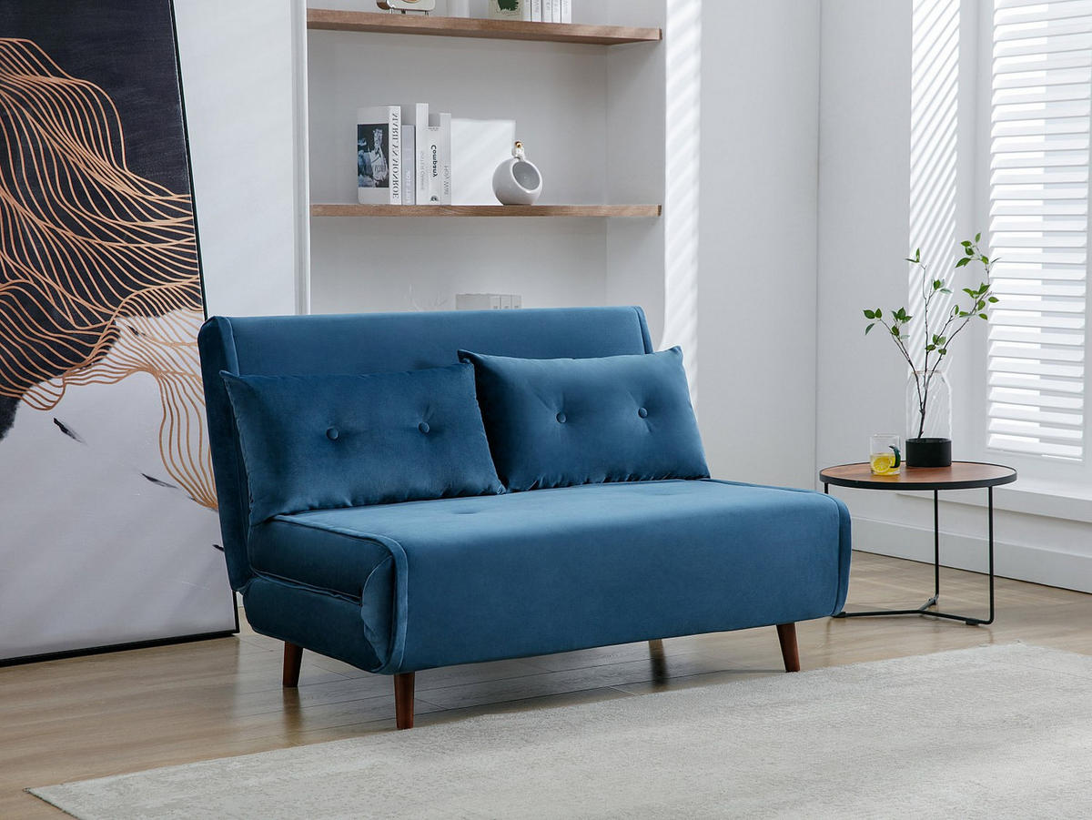SOFA 2-Sitzer mit Schlaffunktion - Samt - Dunkelblau - URIBIA - Blau, Textil (121/81/91cm) - Vente-Unique