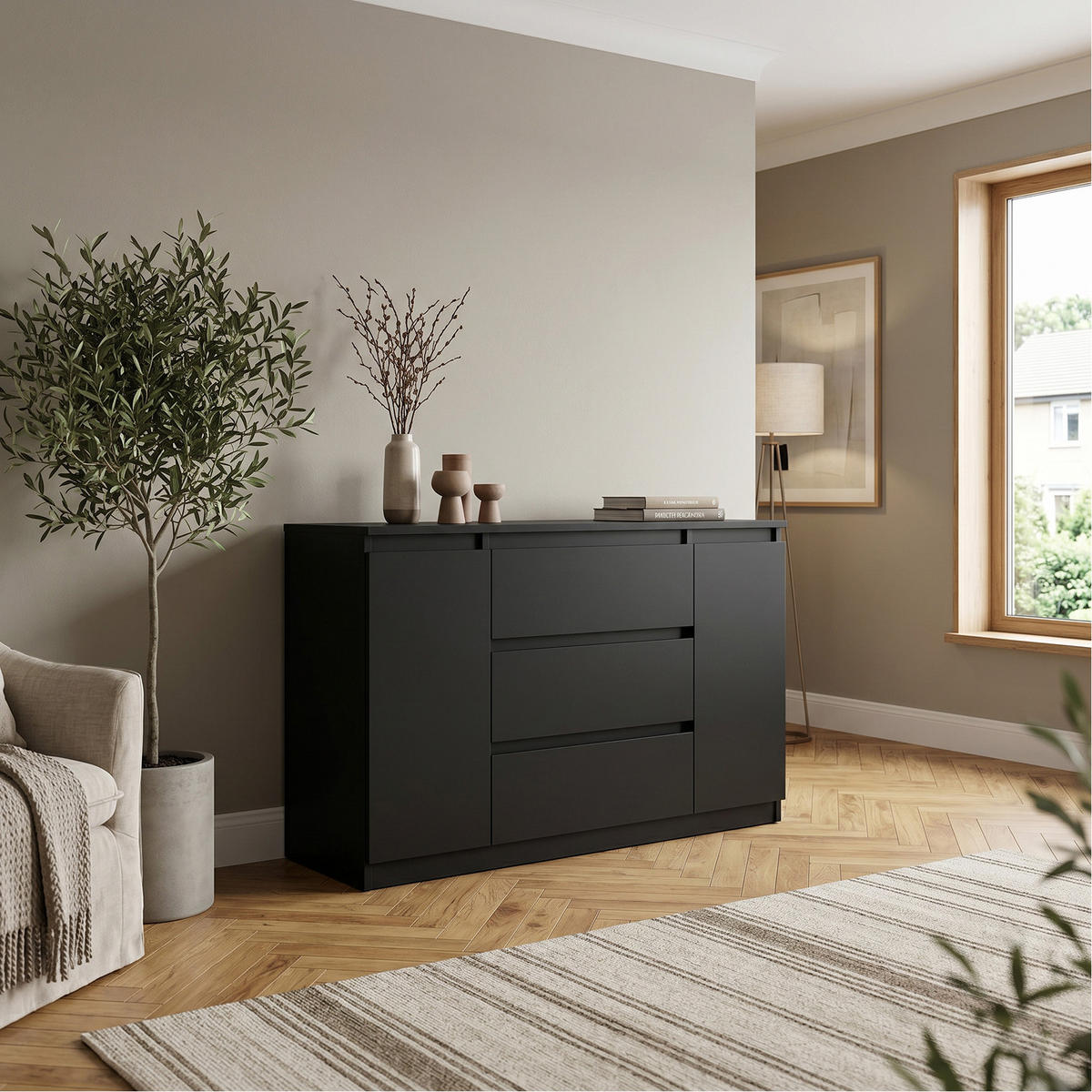KOMMODE NUDO 138,5/78,2/39cm mit 3 Schubladen 2 Türen Schwarz - Schwarz, Holzwerkstoff (138.5/78.2/39cm) - MASSENO