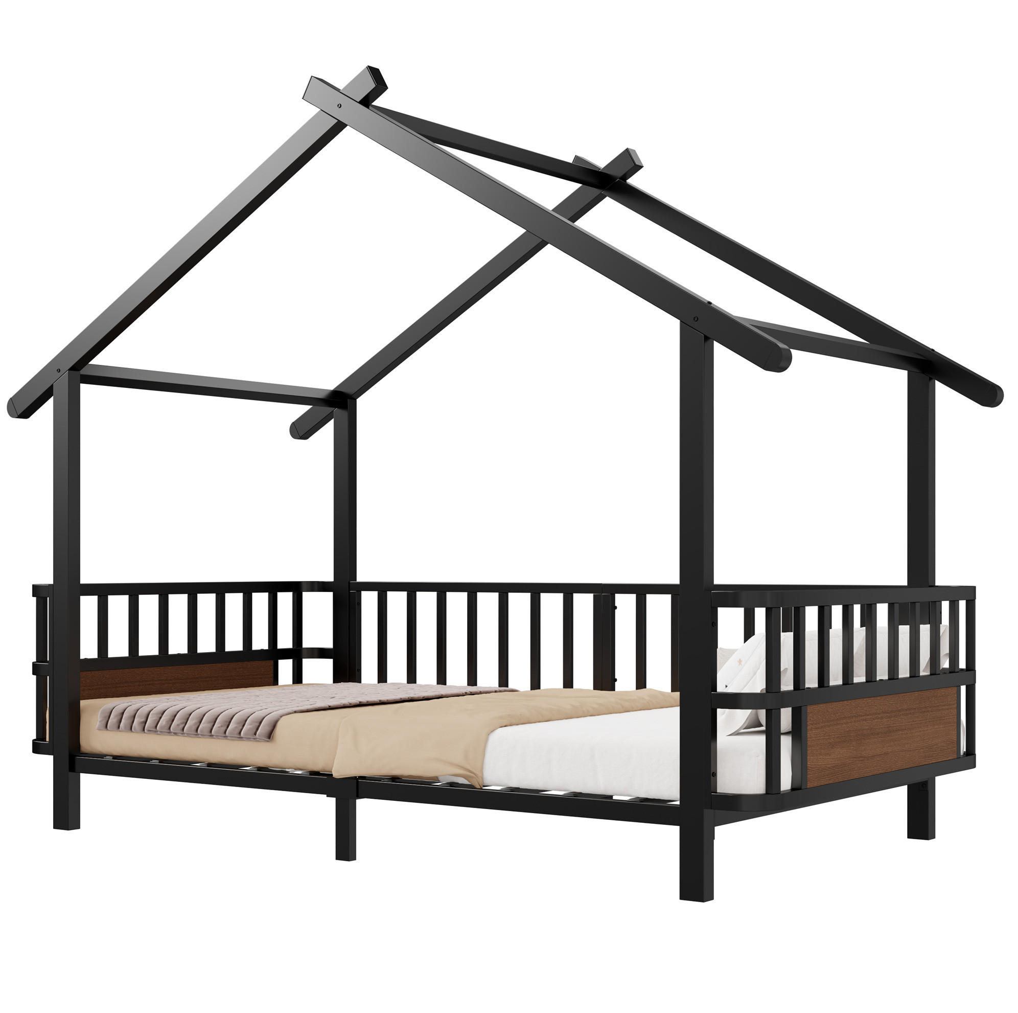 KINDERBETT Hausdesign 90/200 cm Schwarz aus Metall mit Sicherheitsgitter ohne Matratze - Schwarz, Metall (90/200cm) - MIVRAY