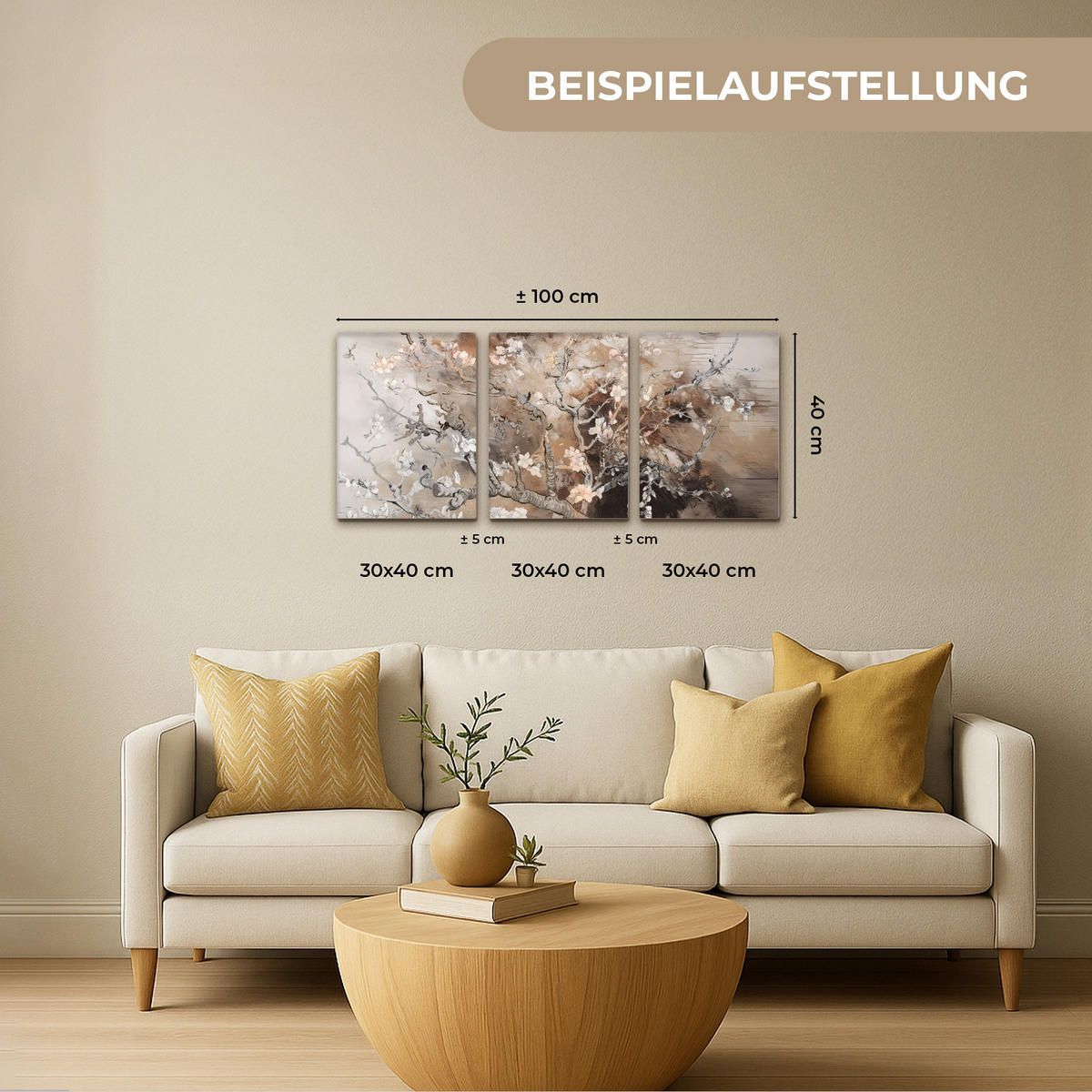 OBRAZ NA PLÁTNĚ 3dílná sada Mandlový květ - abstraktní - béžový 90x40 cm - béžová, textil (90/40cm) - MuchoWow
