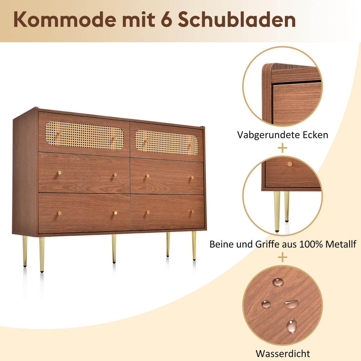 KOMMODE 120/40/90 cm mit 6 Schubladen und Rattanfronten - Naturfarben, Metall (120/90/40cm) - BEAOK