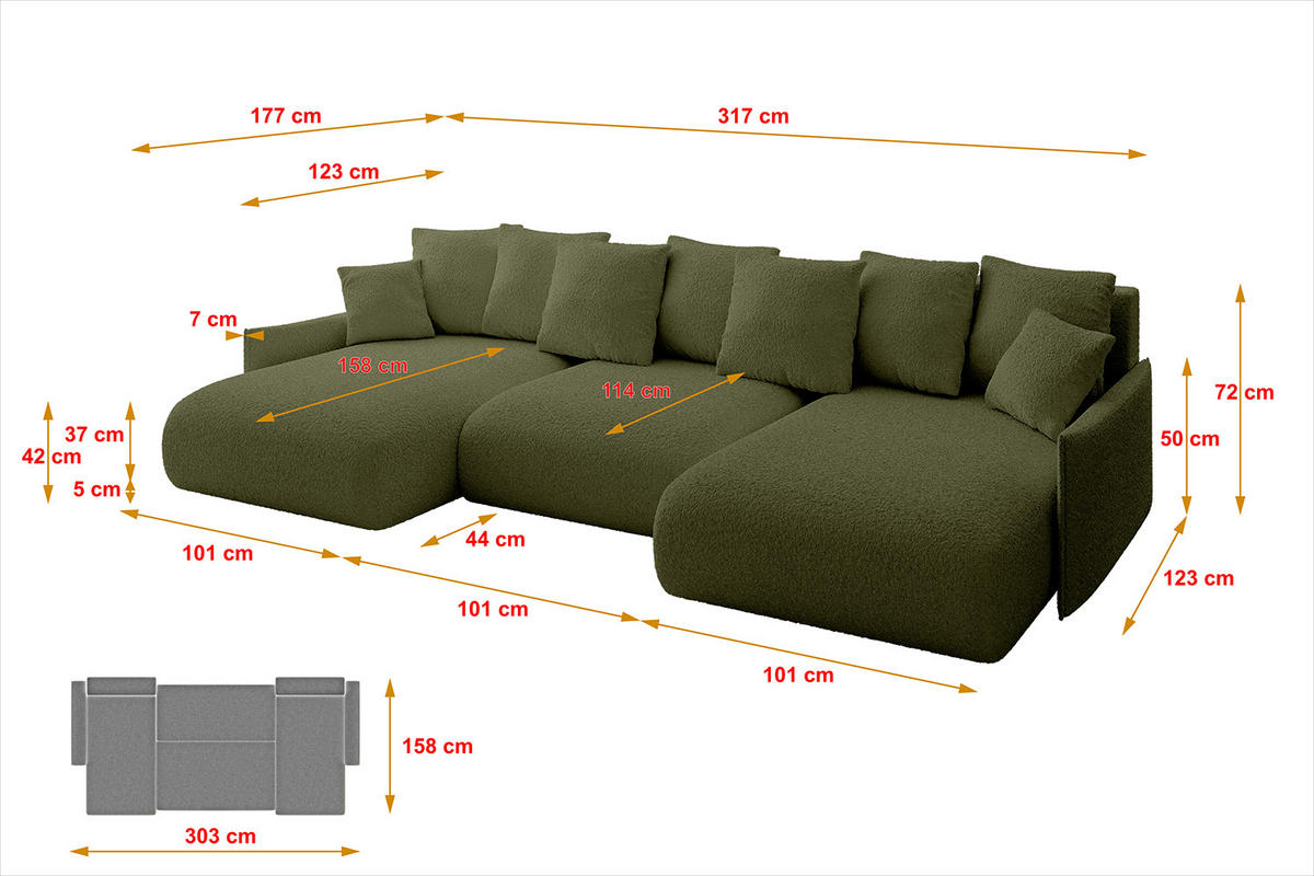 WOHNLANDSCHAFT mit Schlaffunktion und Bettkasten ONESK-U-v1 317x177x72 Grün Bouclé - Olivgrün, Holzwerkstoff/Kunststoff (317/72/177cm) - ALTDECOR