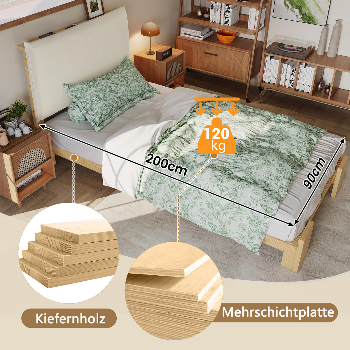 POLSTERBETT 90/200 cm natur aus Holz mit gepolsterter Rückenlehne - Naturfarben, Textil (90/200cm) - OKWISH