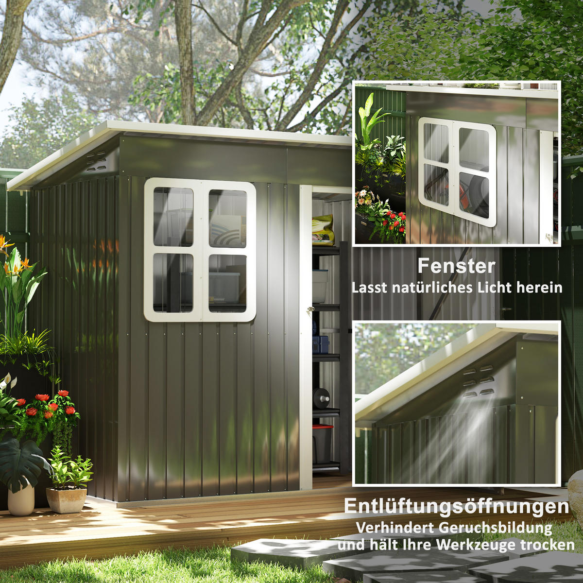 GERÄTEHAUS 221 x 133 x 190/173 cm - Dunkelgrau, Metall (133/190/211cm) - Outsunny