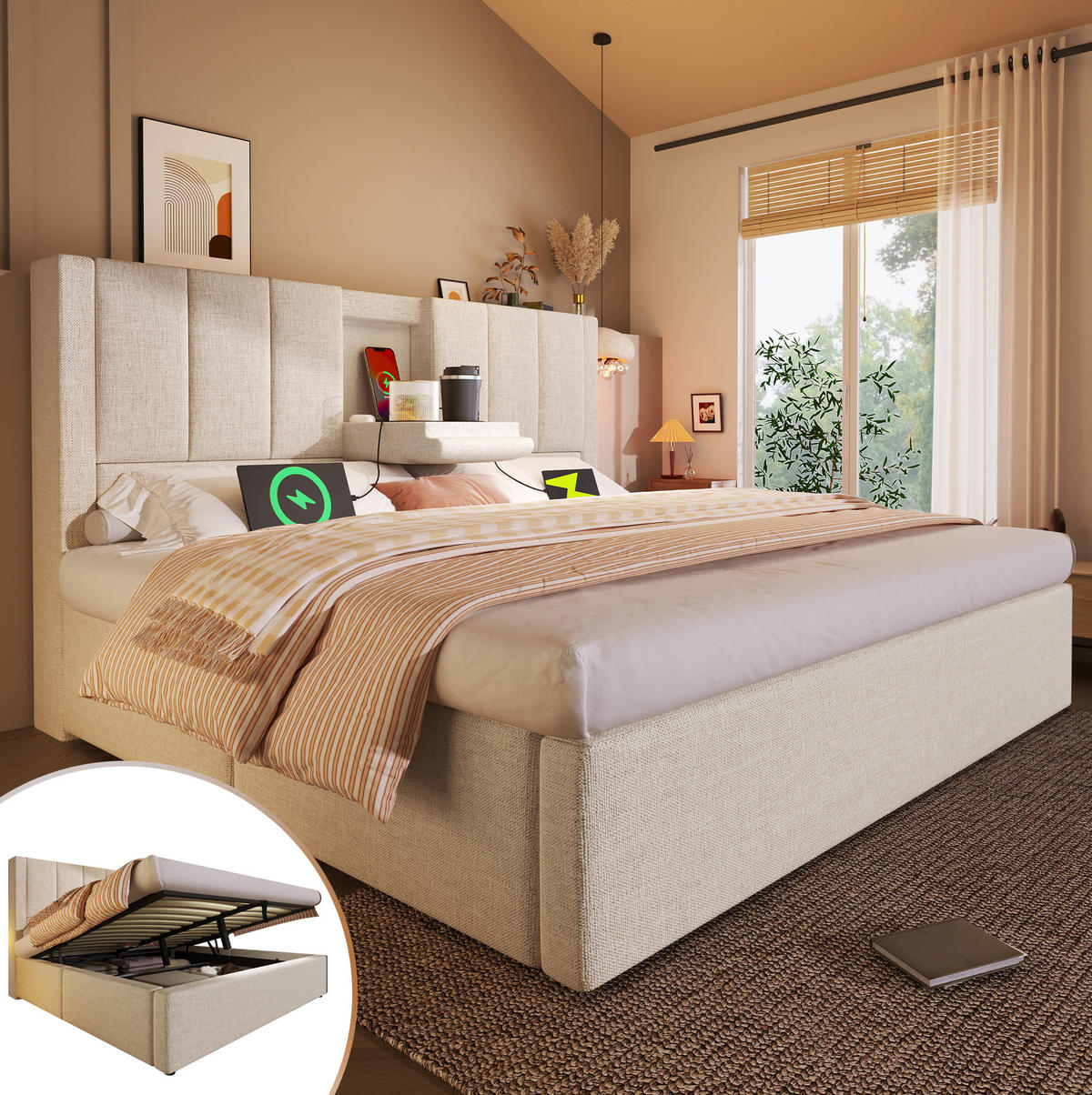 POLSTERBETT mit Stauraum und Ladestation 160x200 cm Leinen Beige - Beige, Metall (160/200cm) - Meubliv