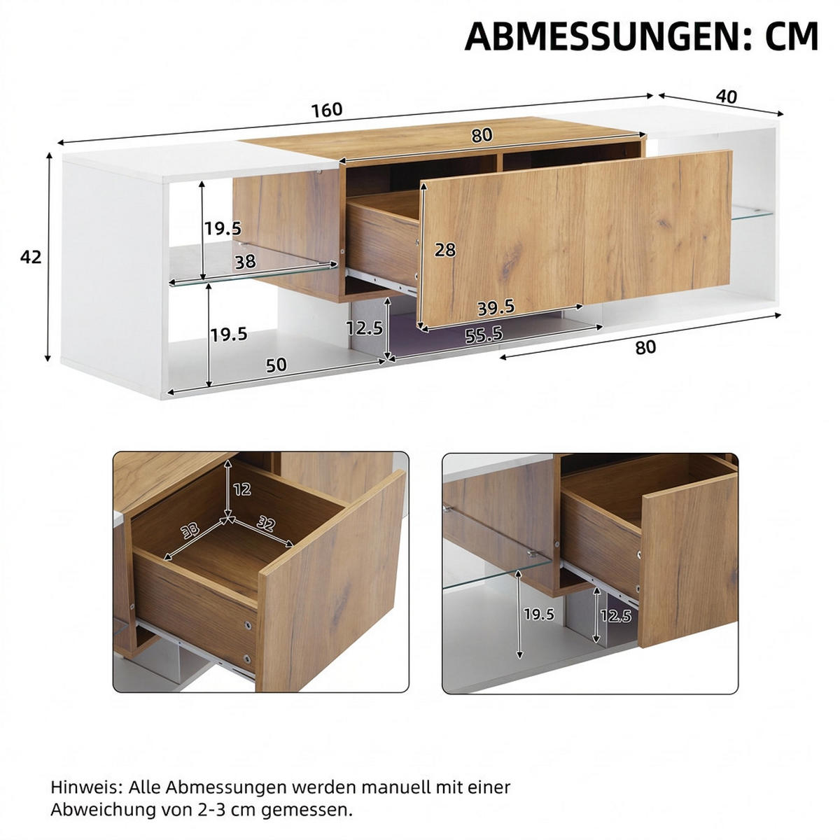 TV-SCHRANK 160/40/42 cm Weiß mit LED und 2 Schubladen - Eichefarben, Holzwerkstoff (160/42/40cm) - Oxeza