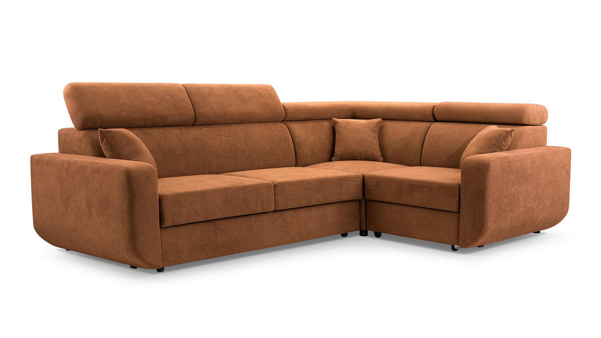 ECKSOFA RENO Orange Plüsch-Stoff mit Schlaffunktion - Orange, Holz (263/184cm) - MASSENO