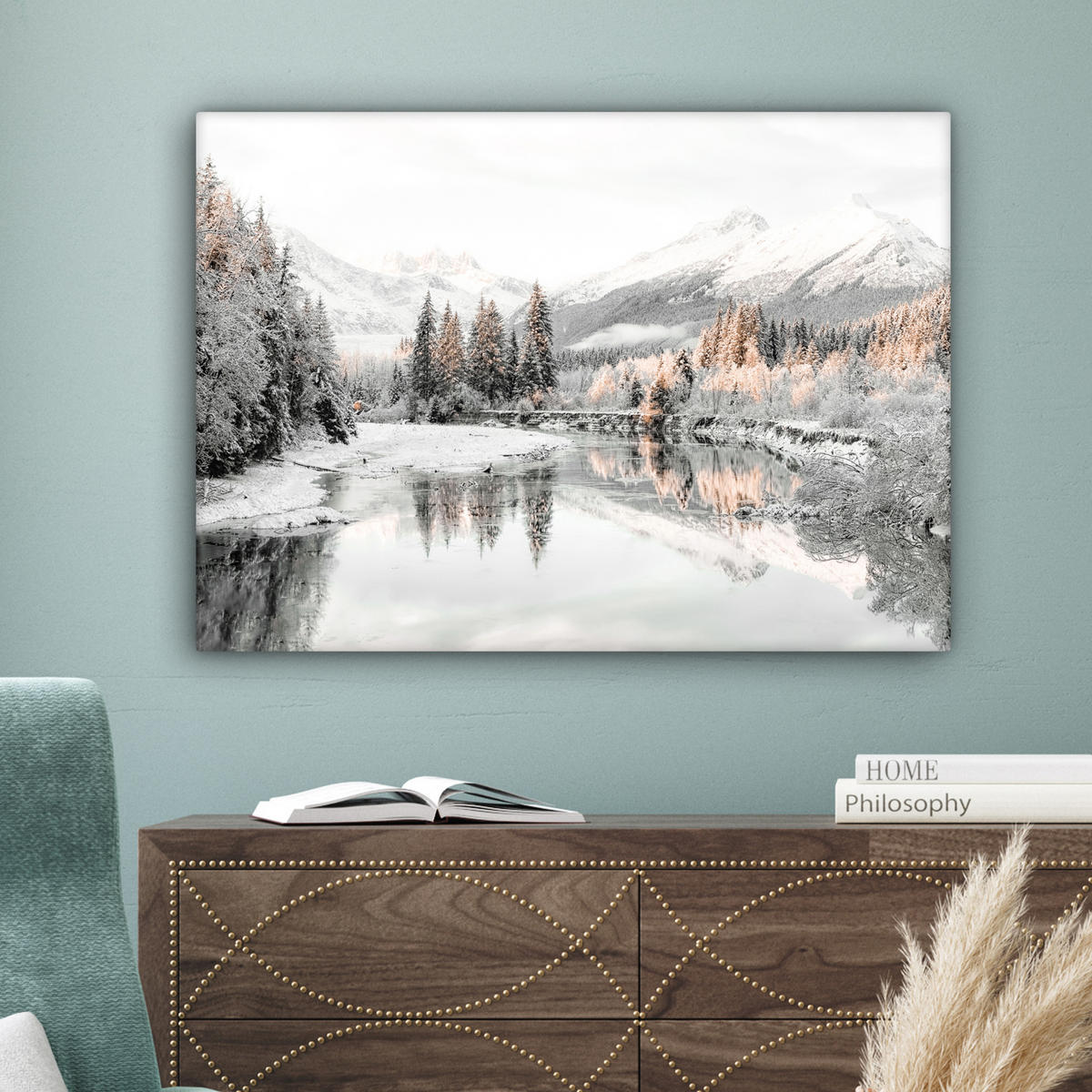 LEINWANDBILD Natur - Winter - Bäume - Berge - Schnee Wandbilder 80x60 cm - Weiß Hochglanz, Textil (80/60cm) - MuchoWow
