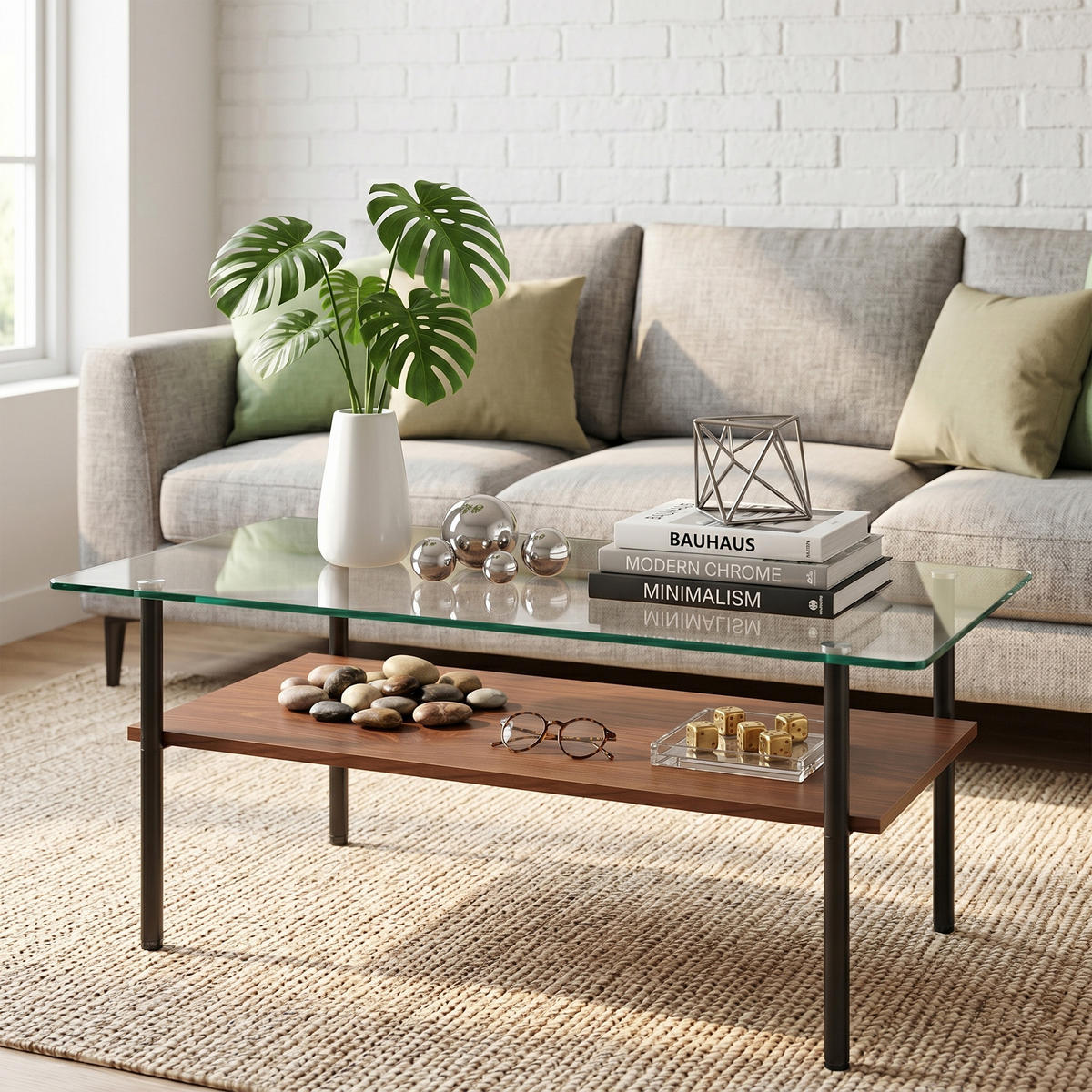 COUCHTISCH mit Glasplatte Schwarz/Holzoptik 98/58/45 cm mit MDF Ablage - Transparent/Schwarz, Glas/Holzwerkstoff (97.7/57.7/45cm)