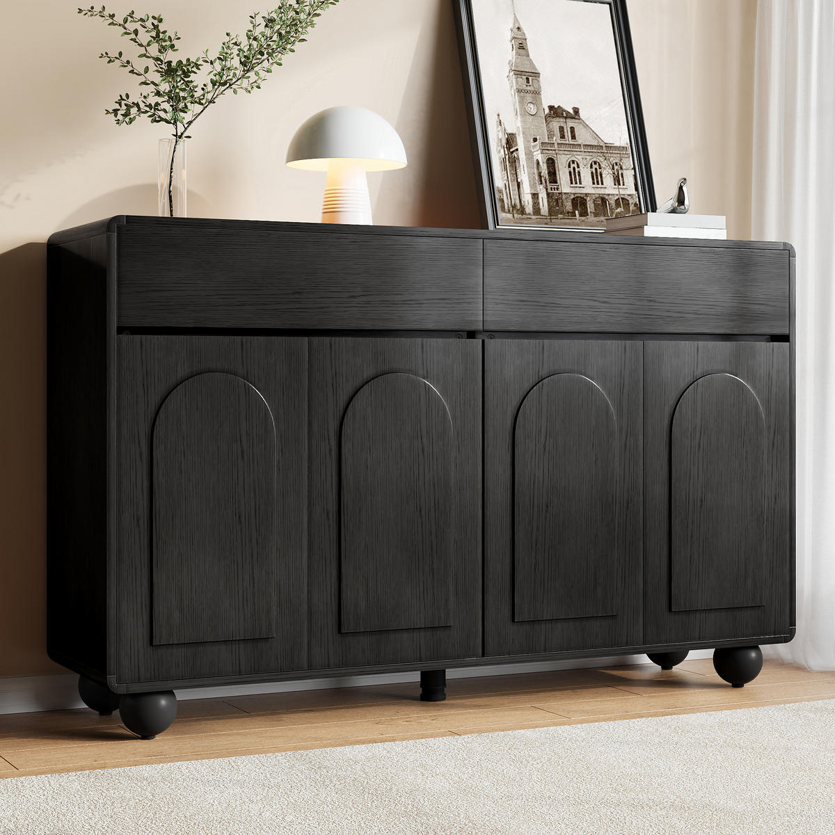 SIDEBOARD Moderner Aufbewahrungsschrank mit Bogen-Türdesign, 4 Türen, 2 Schubladen, Metallfüßen - Schwarz, Holzwerkstoff (140/89/38cm) - EVRYAE