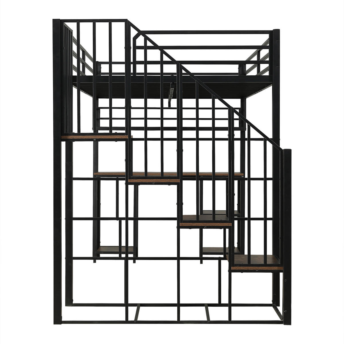 HOCHBETT 120/200 cm DE-02358, in Schwarz, mit Treppe, Schreibtisch und Aufbewahrungsregal - Walnussfarben/Schwarz, Holzwerkstoff/Metall (120/200cm) - ComfortXL