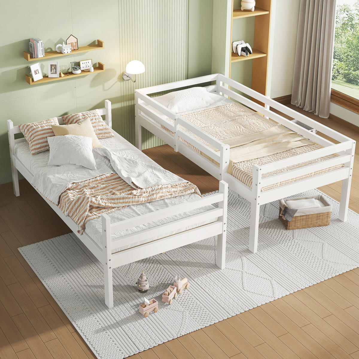 ETAGENBETT 90/200 cm teilbar in 2 Einzelbetten mit Winkelleiter und Absturzsicherung aus Kiefernholz, Weiß - Weiß, Holzwerkstoff (90/200cm) - Redom
