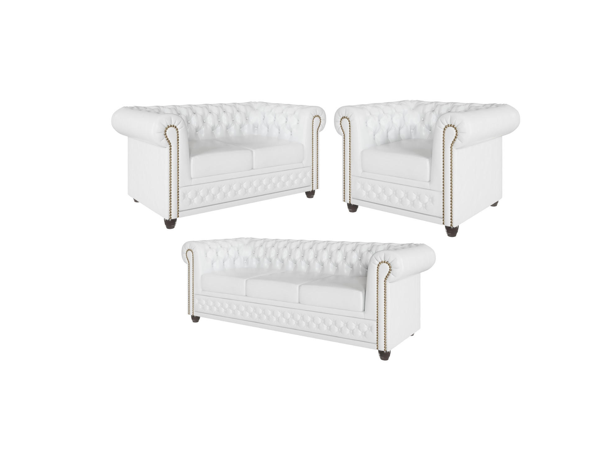 SITZGARNITUR 3+2+1 mit Schlaffunktion Chesterfield Morin Weiß Vegan Leder - Braun/Weiß, Buchenholz/Textil (203/72/86cm) - S-Style Möbel