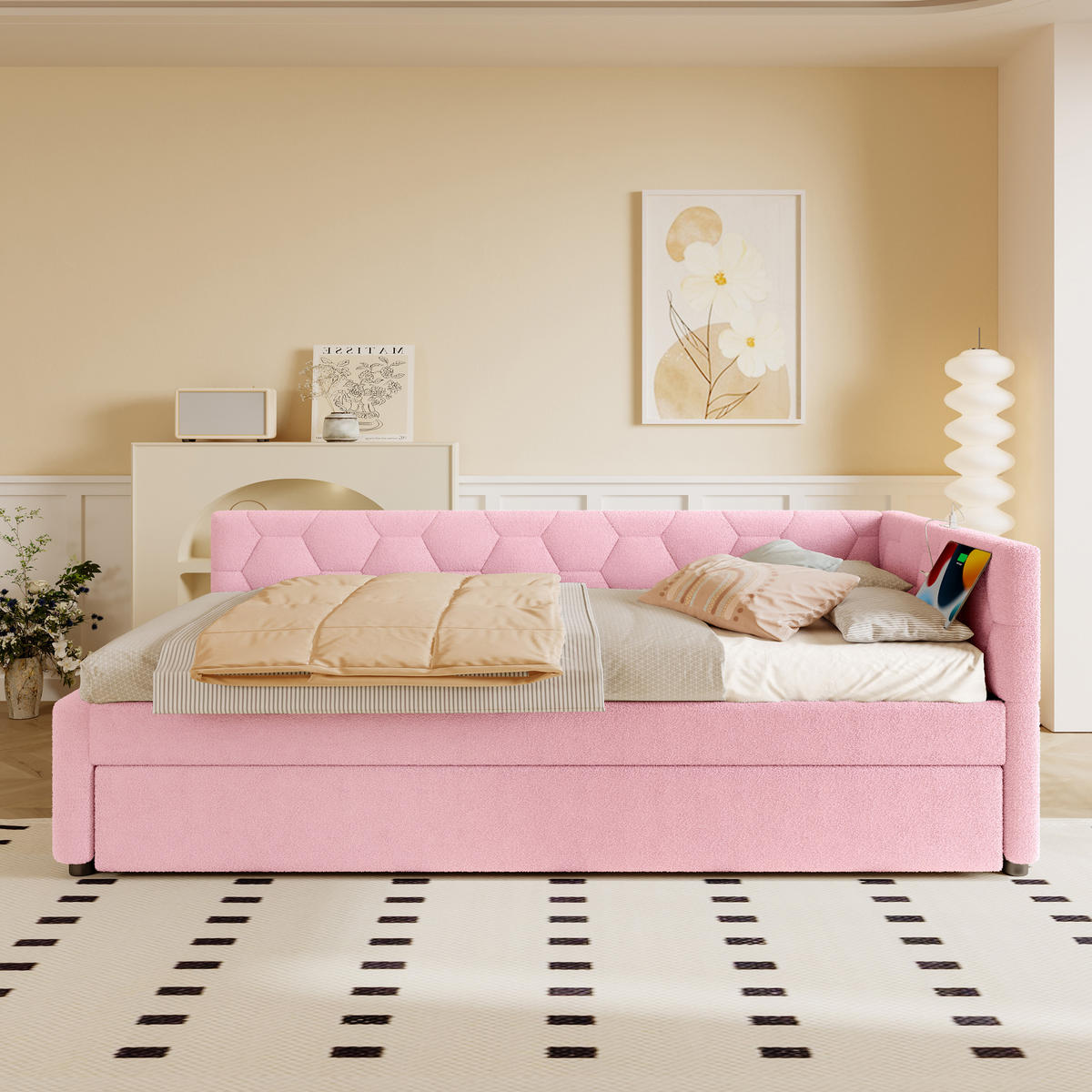 POLSTERBETT 90x200cm mit Nachttischlampe und multifunktionalem Ausziehbett- Rosa - Pink, Holz/Textil (90/200cm) - KOMHTOM