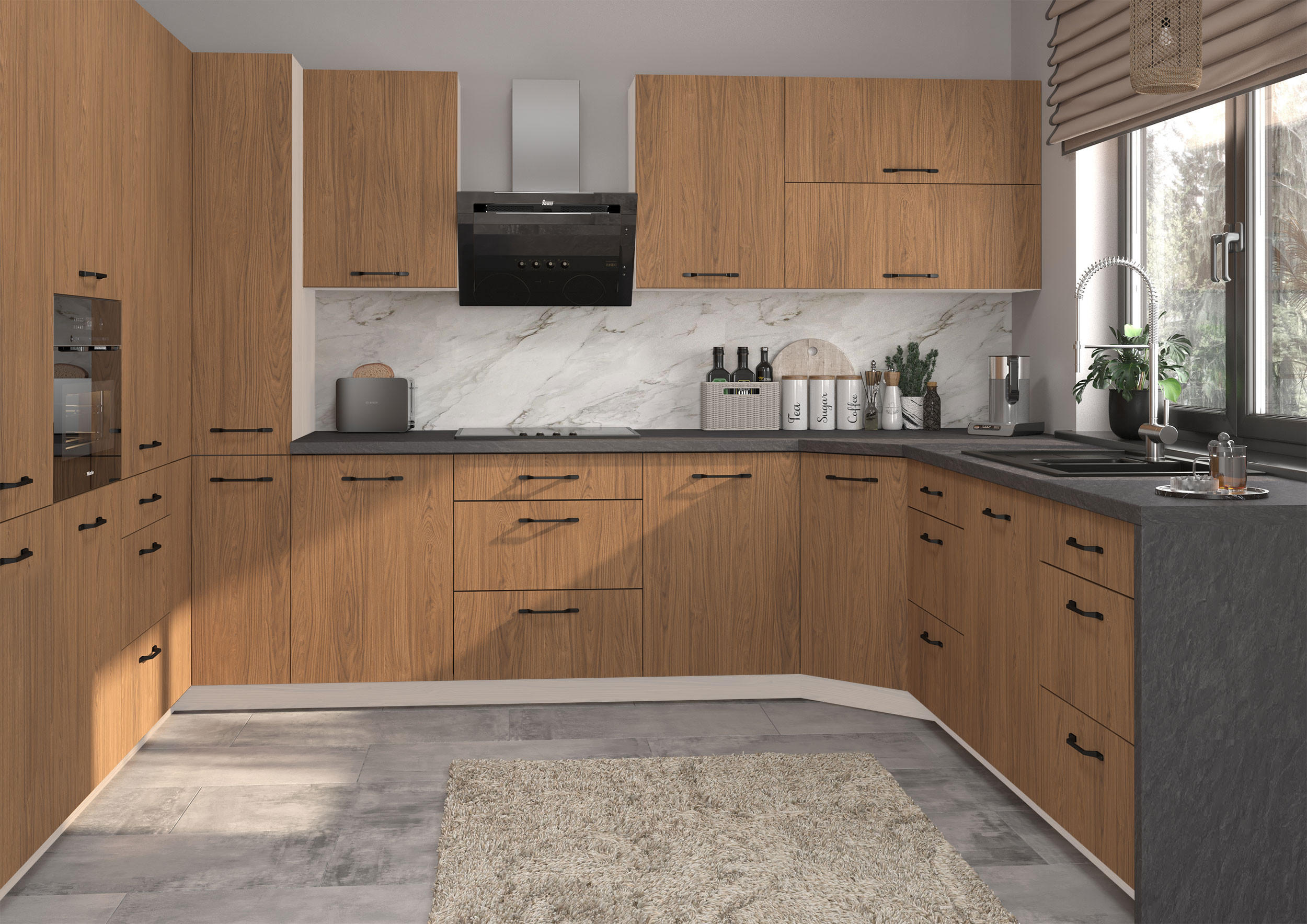 KÜCHENZEILE Casella 15-teilig Weiß / Casella Eiche Natur braun - Dunkelbraun/Weiß, Holzwerkstoff/Metall (360/207/270cm) - Feldmann-Wohnen