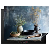 HERDABDECKPLATTE Stilleben - Kräuter - Rustikal Induktionsmatte 77x59 cm - Blaugrau, Kunststoff (77/59/0.2cm) - MuchoWow