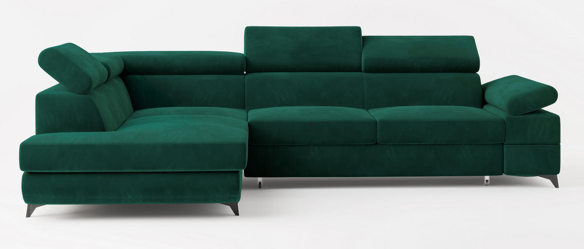 ECKSOFA FAVIEN L-S Grün Velours-Stoff mit Schlaffunktion - Grün, Holz (257/190cm) - MASSENO