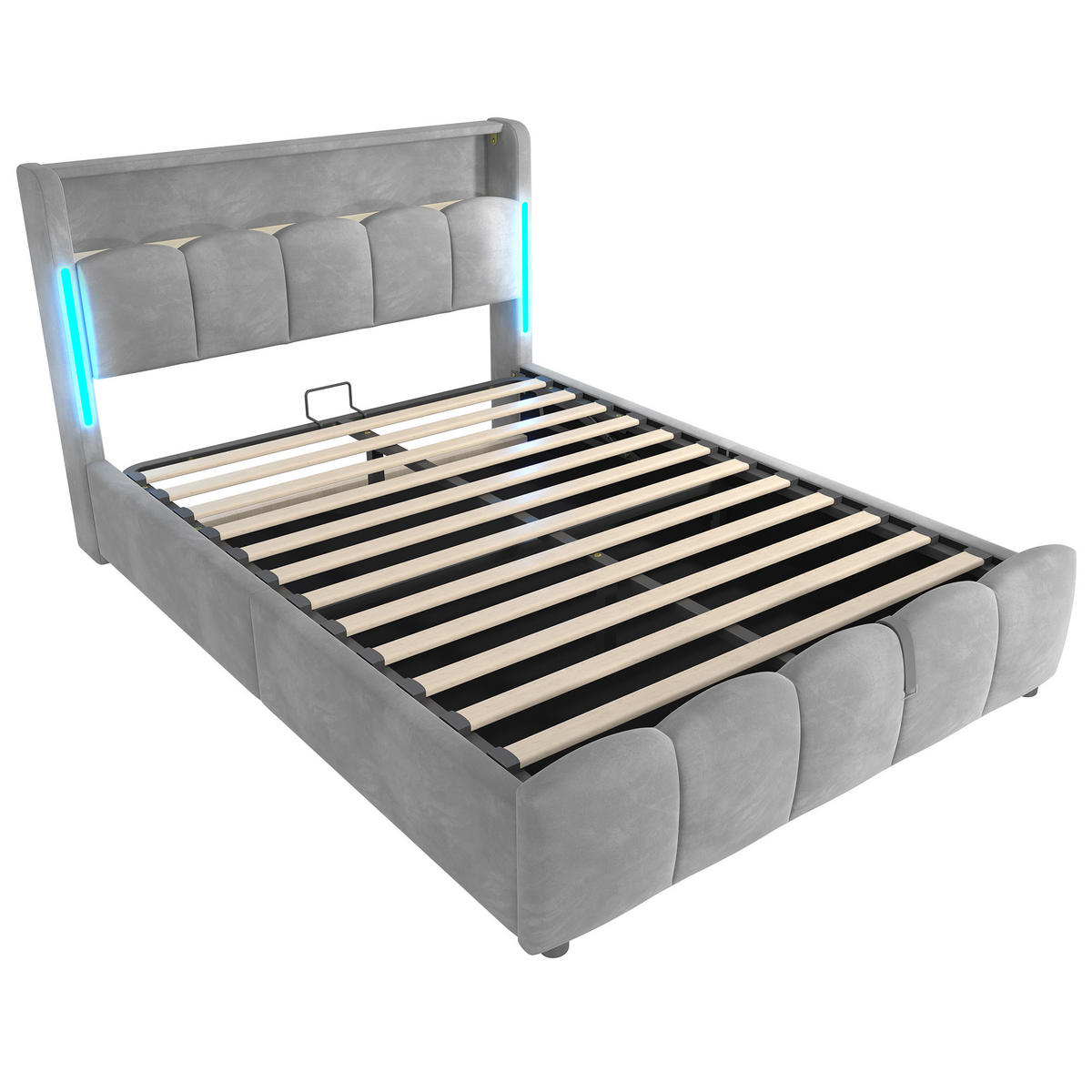 POLSTERBETT 140/200 cm mit LED-Beleuchtung, USB- und Typ-C-Anschluss, hydraulischem Stauraum und Samtbezug, Grau - Grau, Textil (140/200cm) - Redom