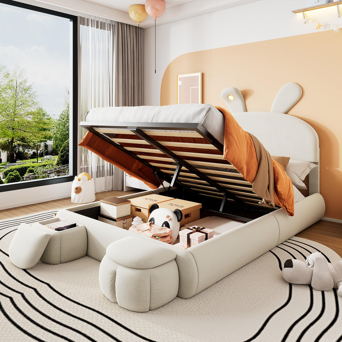 KINDERBETT 90/200 cm DE-00358, in Rosa, LED-Hasenohren und zwei Aufbewahrungshockern - Beige, Holz (140/200cm) - ComfortXL