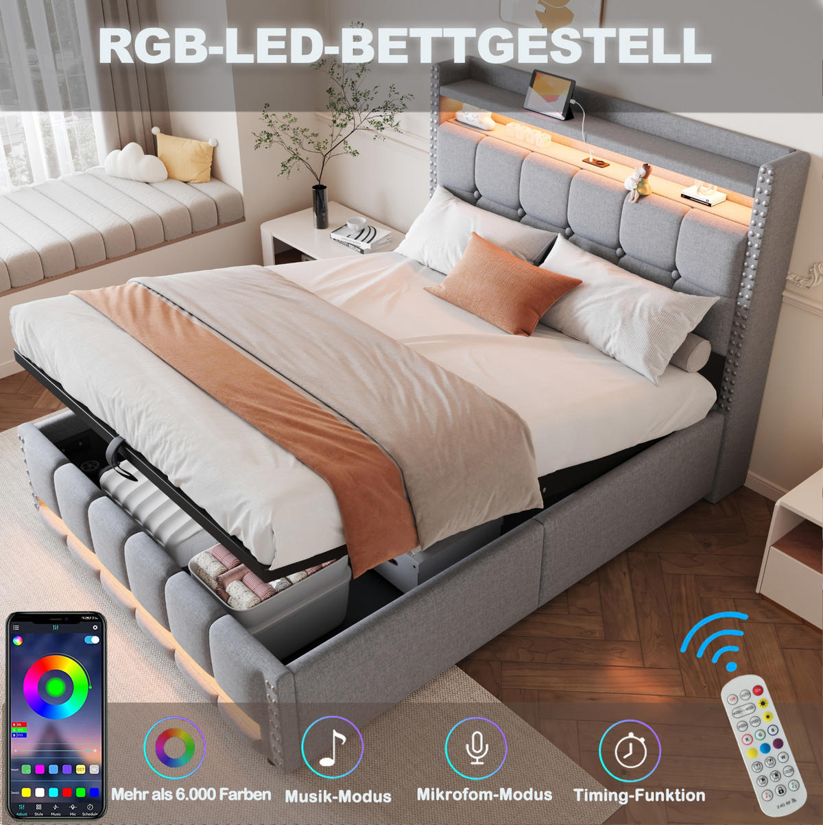 POLSTERBETT 140/200 cm Hellgrau aus Leinenstoff mit LED-Beleuchtung und Stauraum - Hellgrau, Textil (140/200cm) - OKMYHOME