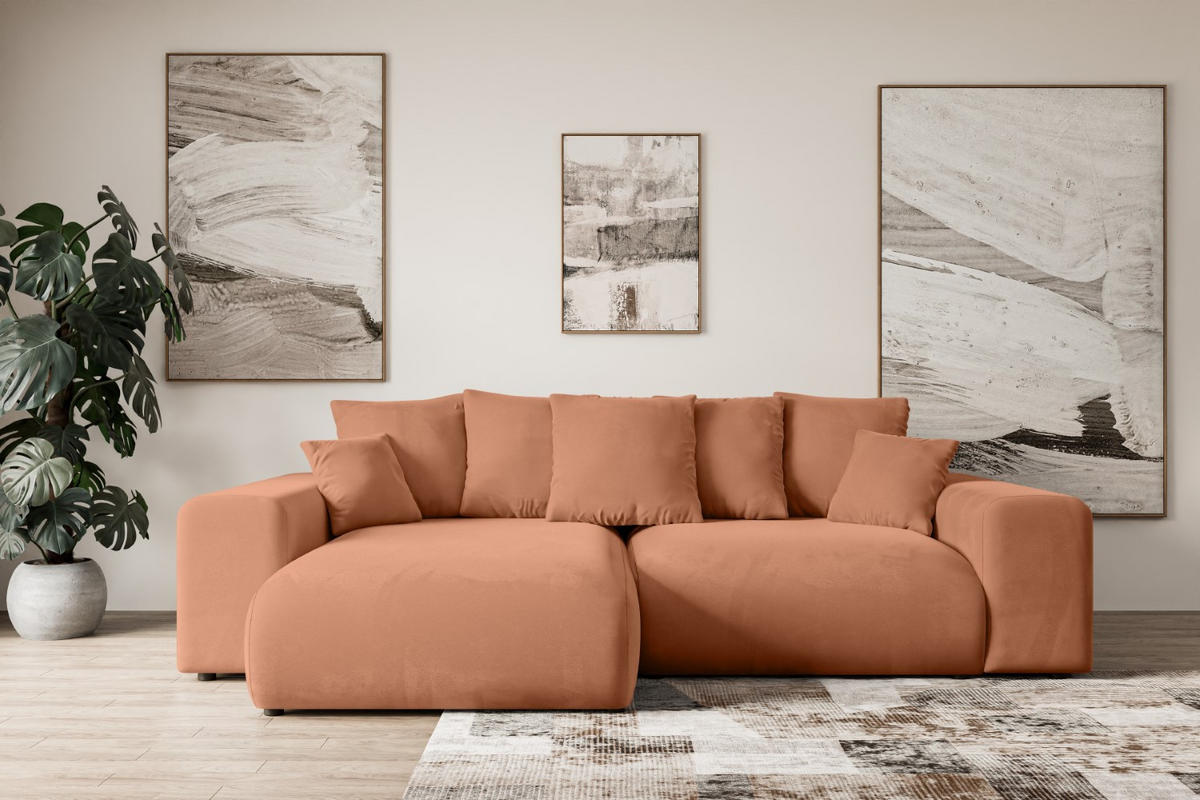 ECKSOFA mit Schlaffunktion und Bettkasten ESKAR-L 256x165x84cm Koralle Velours - Koralle/Schwarz, Holzwerkstoff/Kunststoff (165/256cm) - ALTDECOR