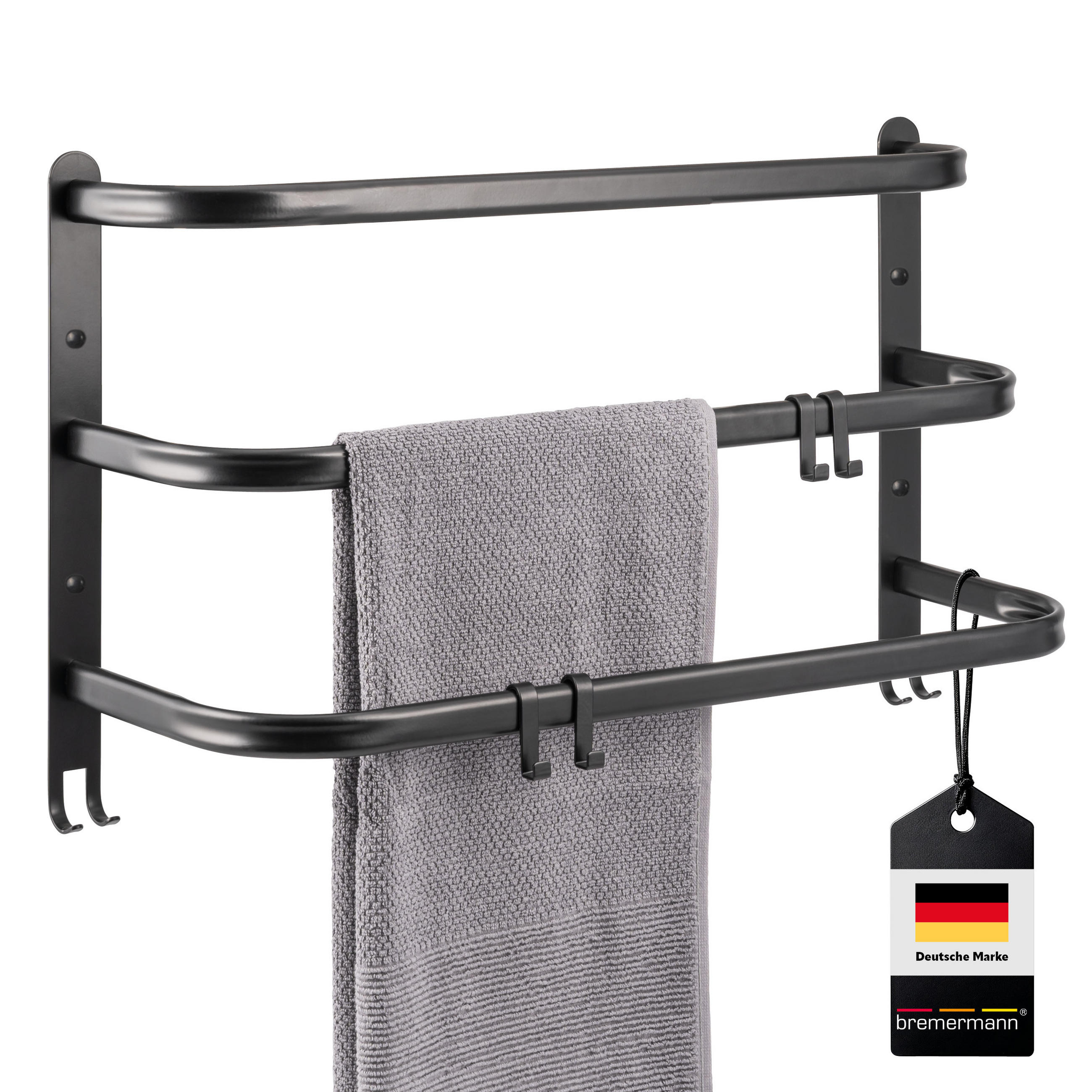 WAND-HANDTUCHHALTER 3 Stangen, schwarz - Schwarz, Metall (67.5/40/23cm) - bremermann