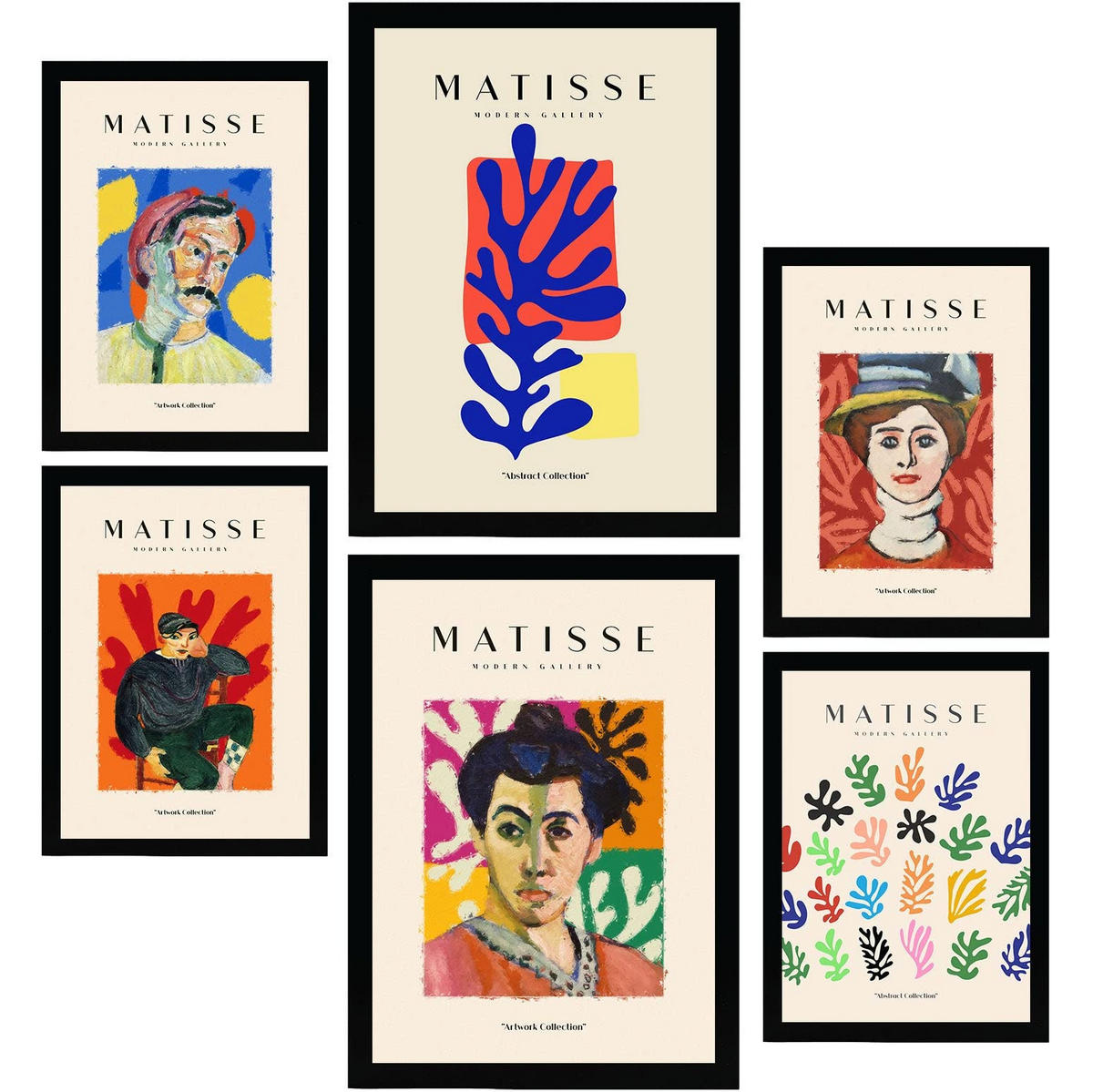 POSTER Set Mit 6 Henri Matisse Bilder Drucke Des Fauvismus Und Der Abstrakten Kunst Für Innenarchitektur A3 & A4 Schwarzer Rahmen - Schwarz, Papier (29/3cm) - Nacnic